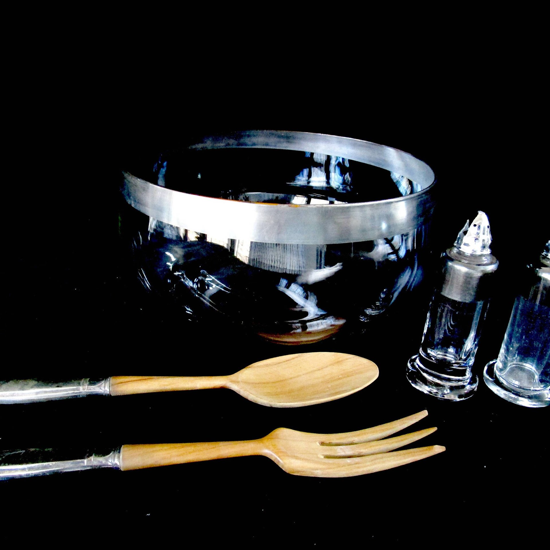 Sterling and Wood Sterling Salad Serving Set, Royal Lancer, Complete 5pc Set, Sterling Handles, Sterling Rimmed, Original Box, Make Offer