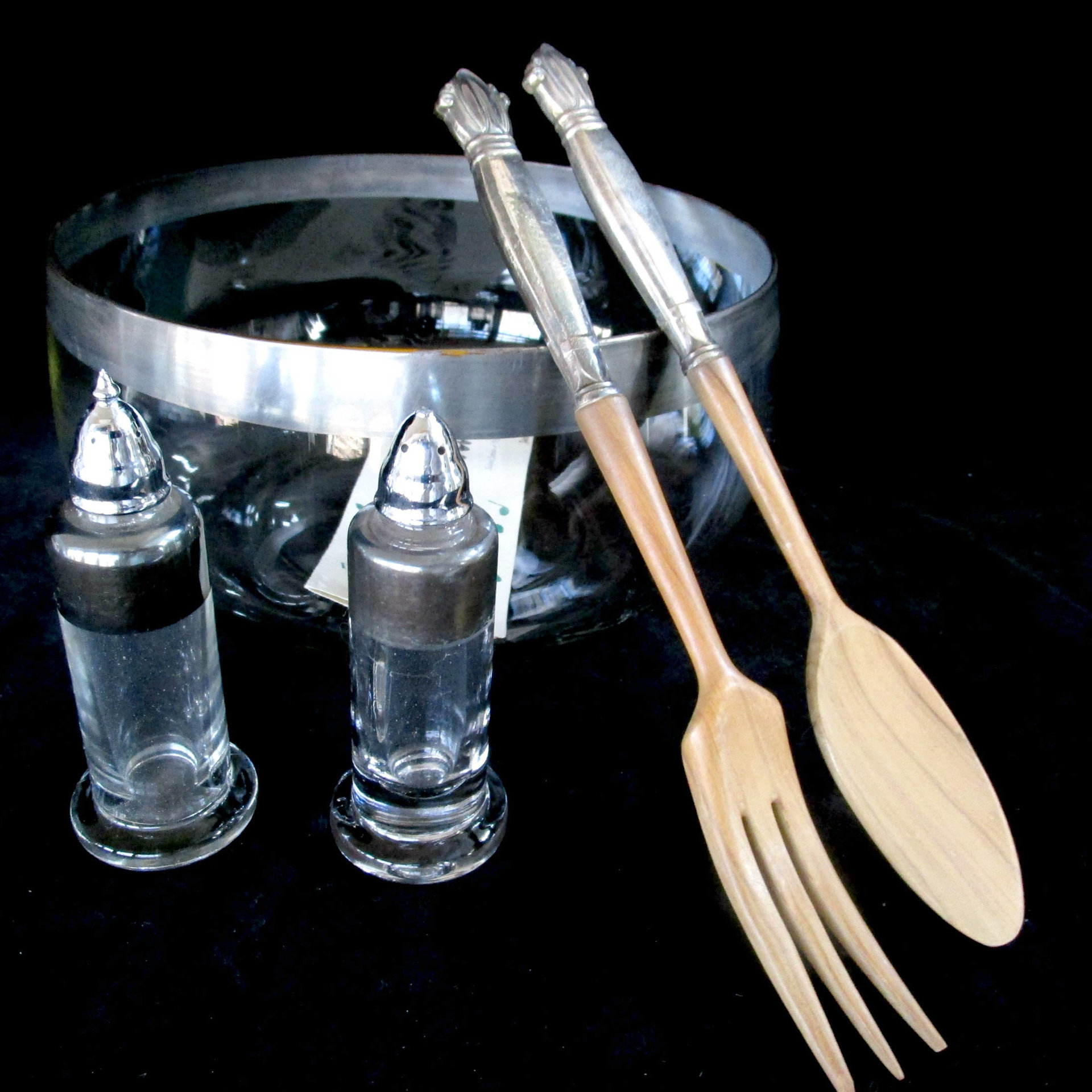 Sterling and Wood Sterling Salad Serving Set, Royal Lancer, Complete 5pc Set, Sterling Handles, Sterling Rimmed, Original Box, Make Offer