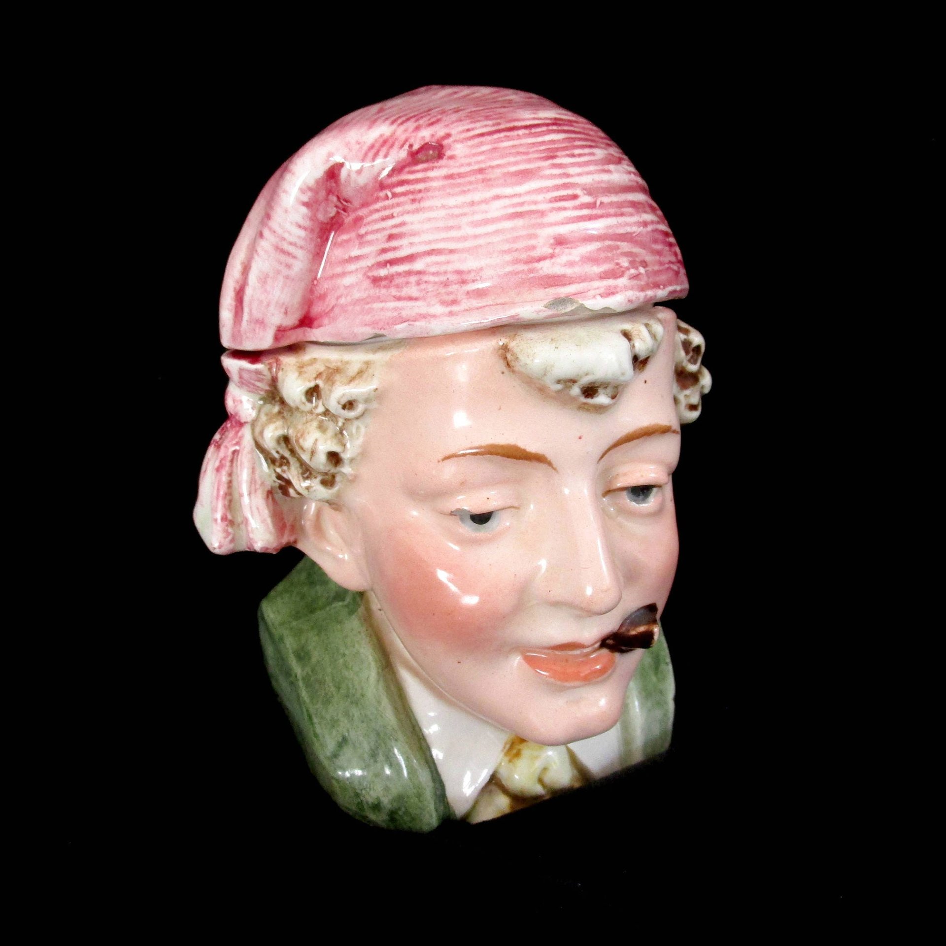 Antique Tobacco Jar Humidor, Majolica Head Container, Cigar Bar Decor, Man in Stocking Cap, Made in Germany, Vintage Gifts, Fathers Day Gift