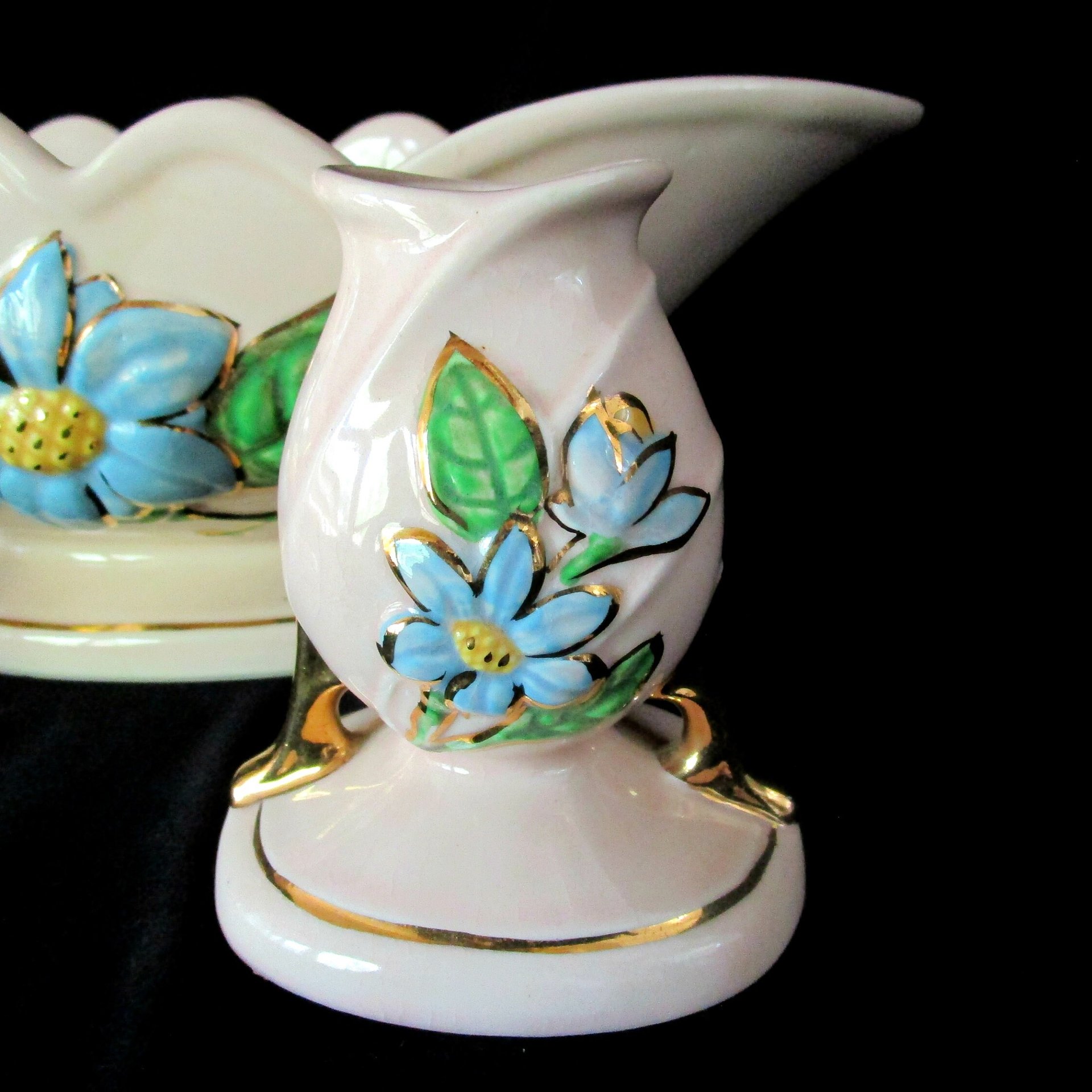 Hull Pottery, Hull Console Set, Bowl and 2 Candle Holders, Blue Florals on Pink, Mid Century Statement Piece, Wedding Gift