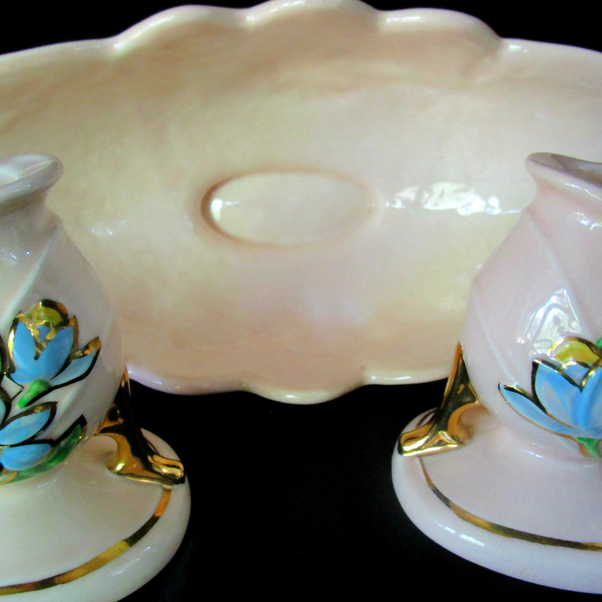 Hull Pottery, Hull Console Set, Bowl and 2 Candle Holders, Blue Florals on Pink, Mid Century Statement Piece, Wedding Gift