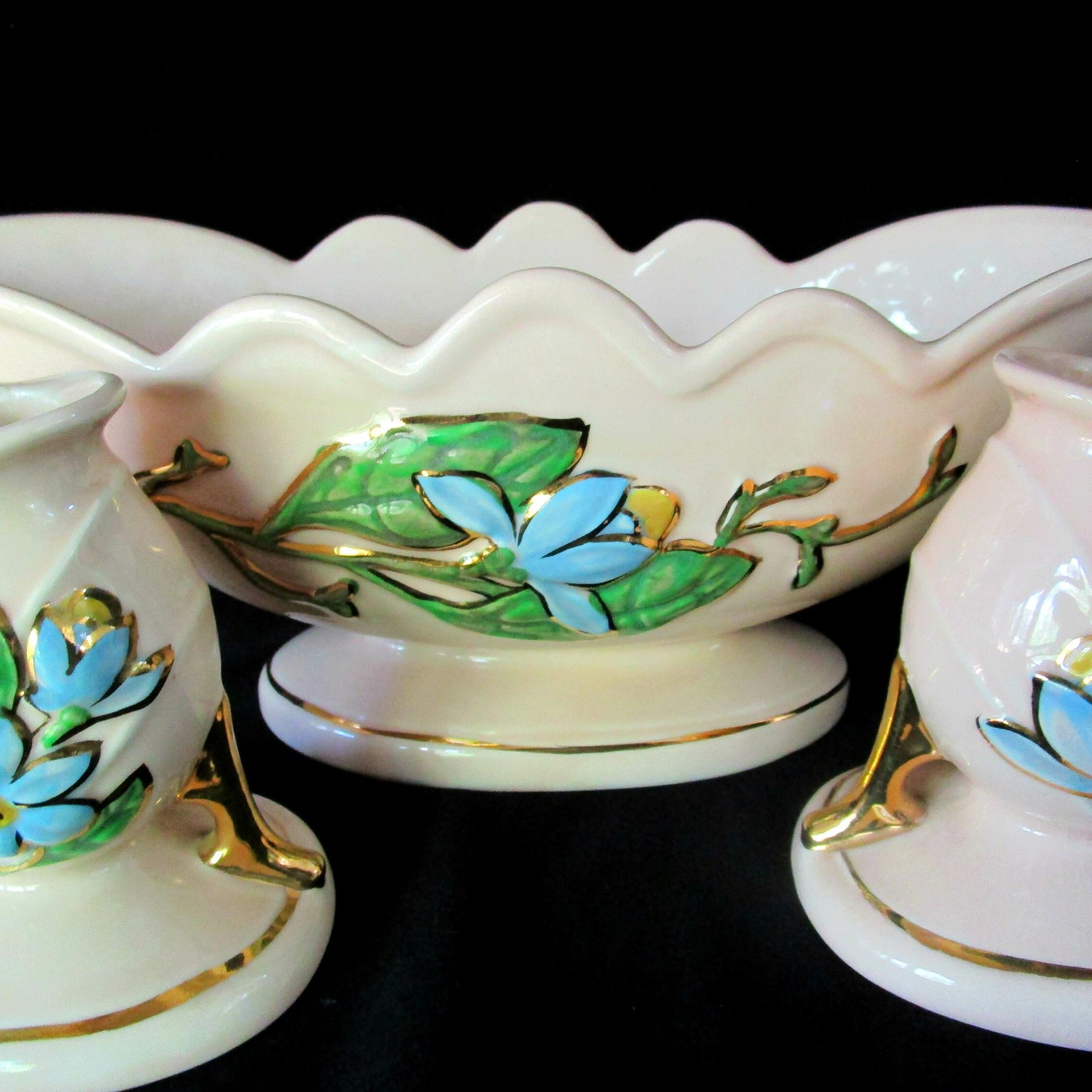 Hull Pottery, Hull Console Set, Bowl and 2 Candle Holders, Blue Florals on Pink, Mid Century Statement Piece, Wedding Gift