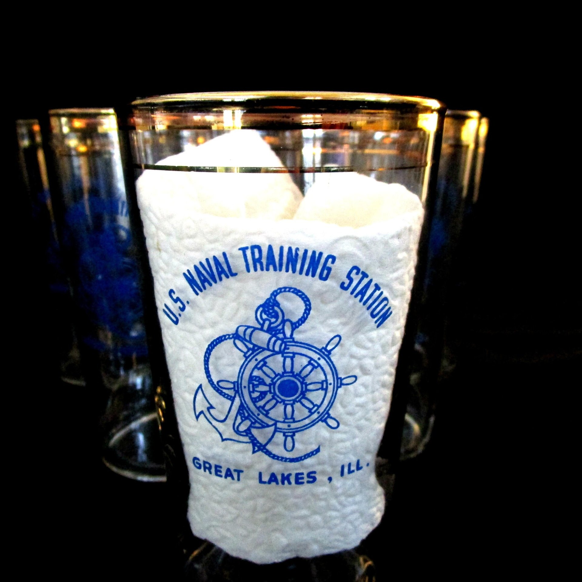 US Naval Training Station Barware, Great Lakes, Illinois, Navy Barware, Set of 6, Gift for Navy Veteran, Make Offer