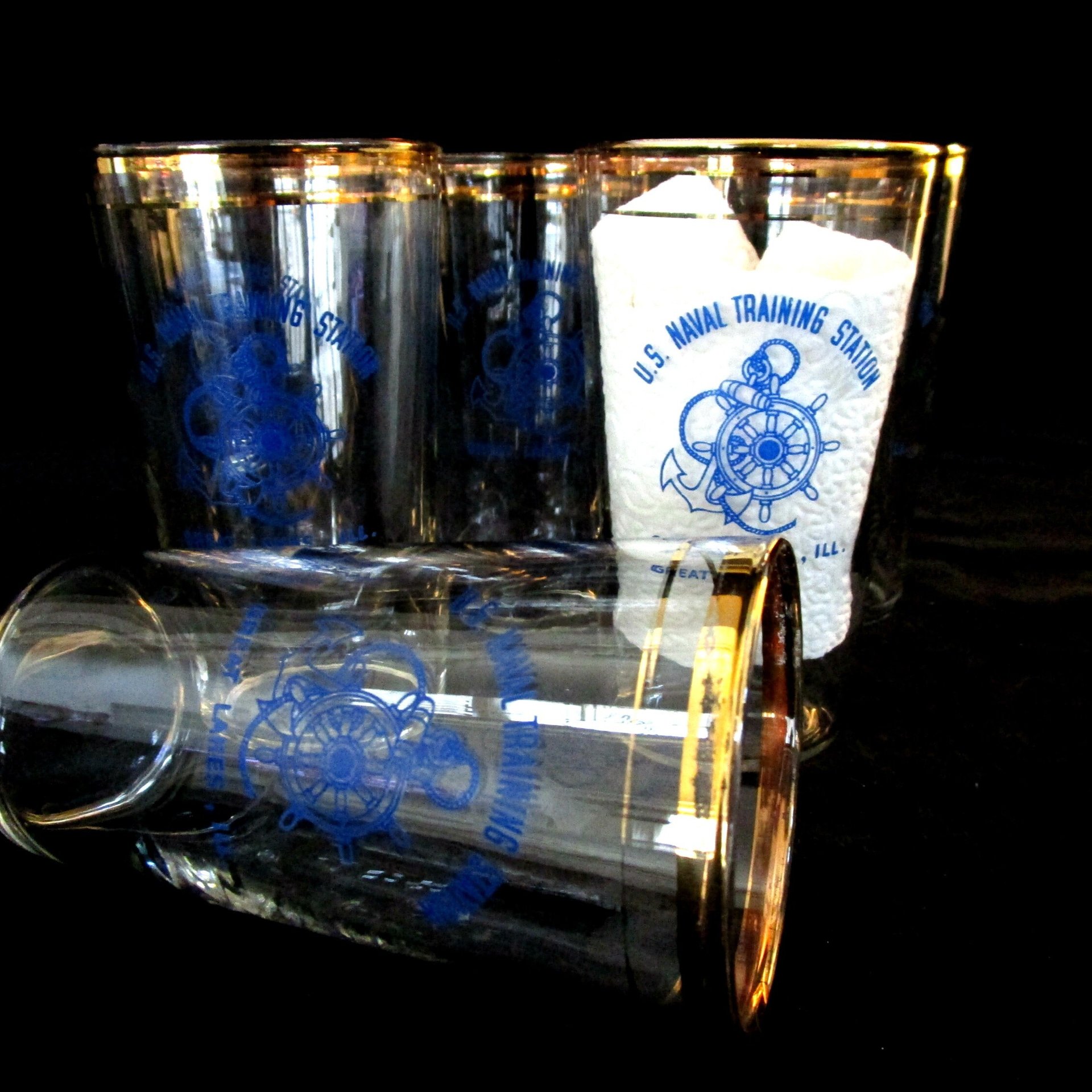 US Naval Training Station Barware, Great Lakes, Illinois, Navy Barware, Set of 6, Gift for Navy Veteran, Make Offer