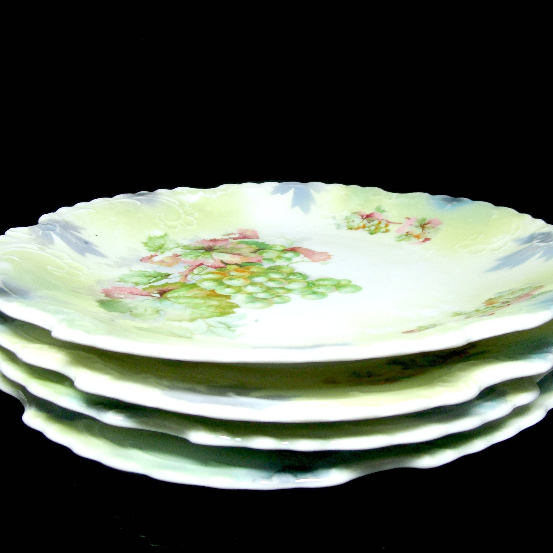 Antique Luncheon Plates, Set of 4, Grape Clusters, Silesia Province, Embossed with Heavy Scallops, Excellent Condition, Make Offer