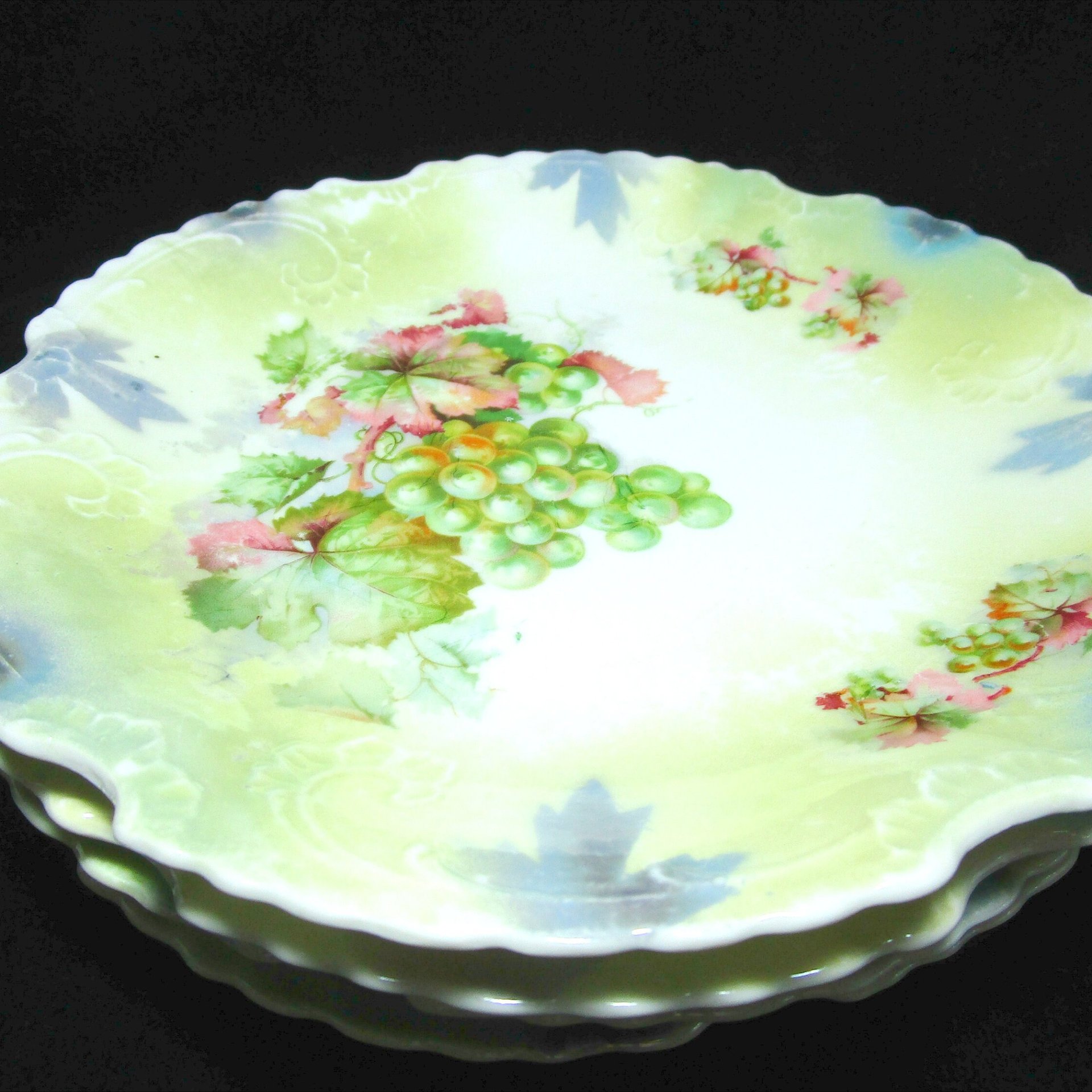 Antique Luncheon Plates, Set of 4, Grape Clusters, Silesia Province, Embossed with Heavy Scallops, Excellent Condition, Make Offer