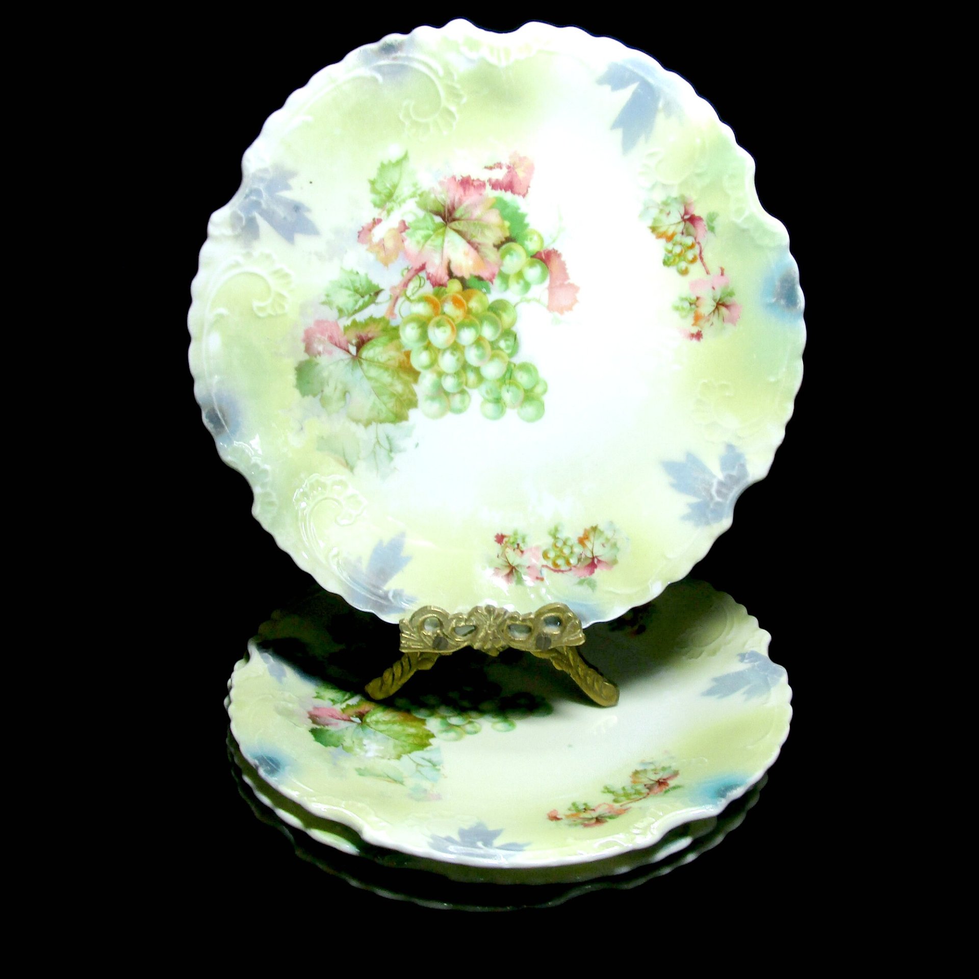 Antique Luncheon Plates, Set of 4, Grape Clusters, Silesia Province, Embossed with Heavy Scallops, Excellent Condition, Make Offer