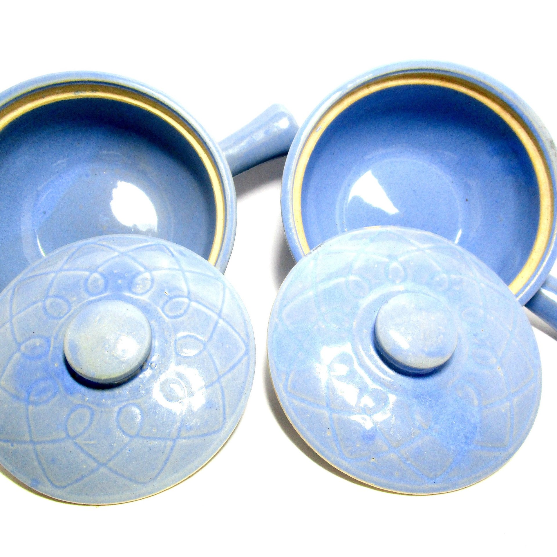 Oven Ware Baking Pots, Lidded Soup Bowls, with Handle, Small Casserole Dishes, Made in USA, Blue Glaze, Farmhouse Kitchen, Make Offer