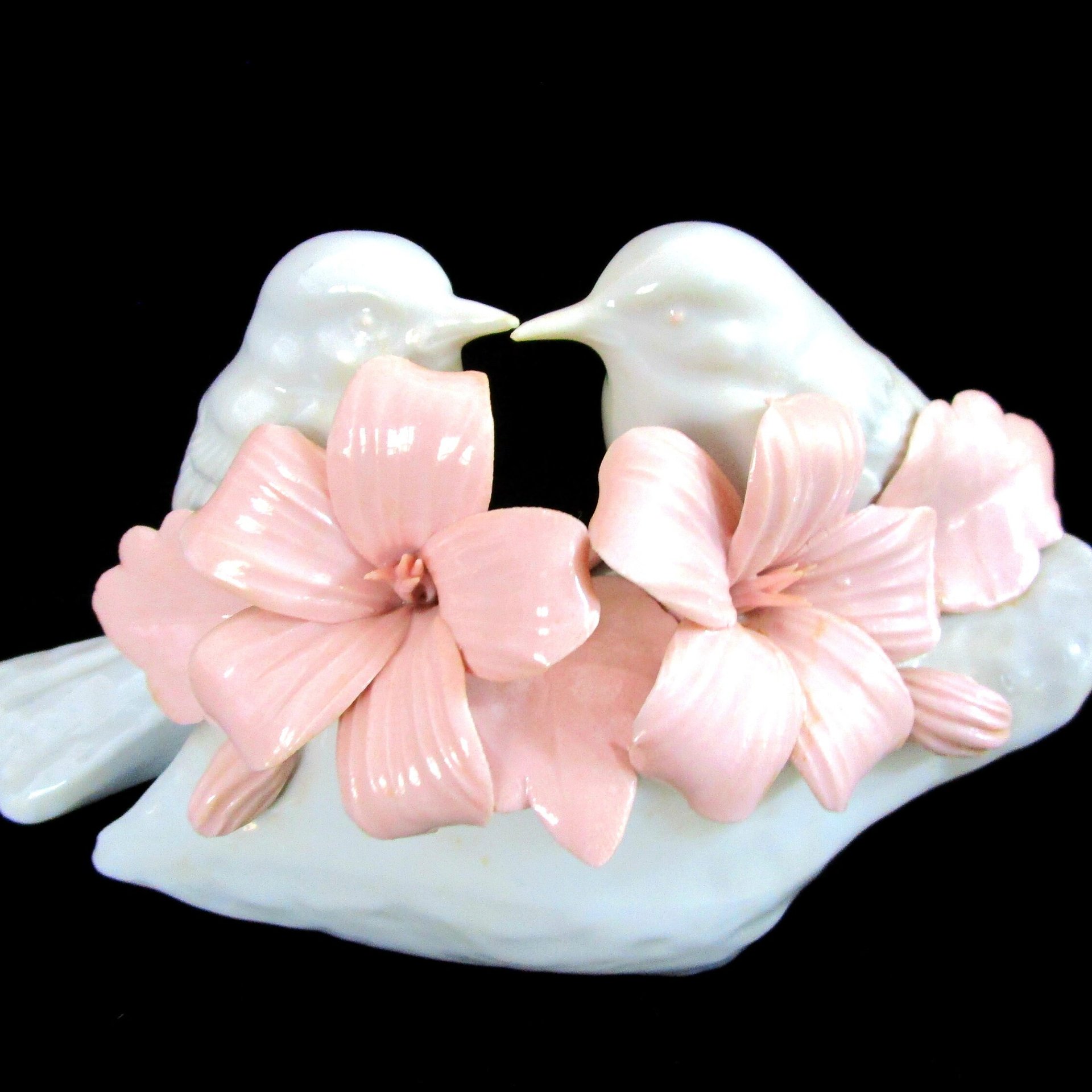 Capodimonte Birds with Pink Flowers, Fine Italian Porcelain, White Birds, Pink Hibiscus, Made in Italy, Gift for Bird Lover