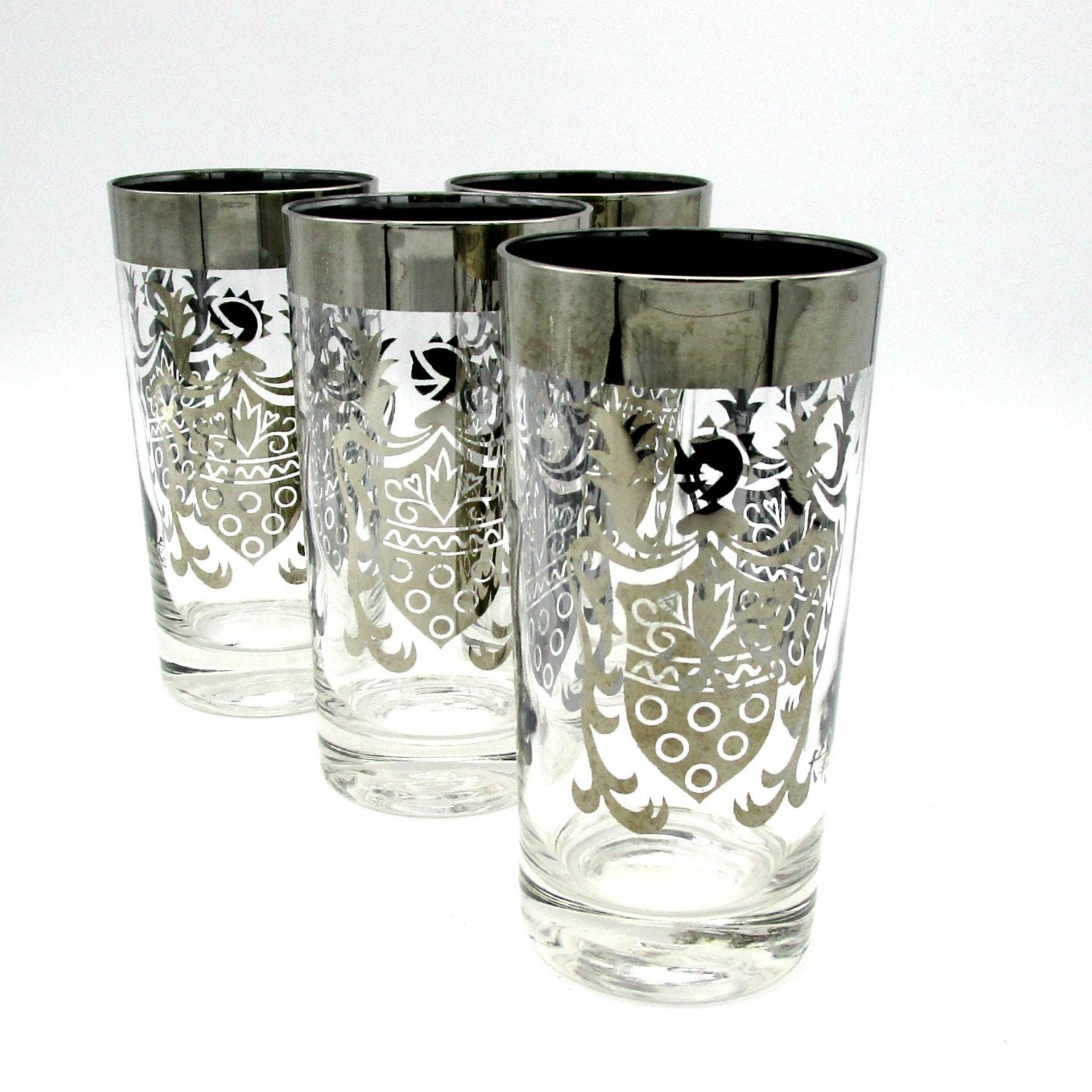 Vintage Barware, Kimiko Silver Crest, Mid Century, Silver Rimmed Highballs, Set of 4, Kimiko Guardian, Make Offer