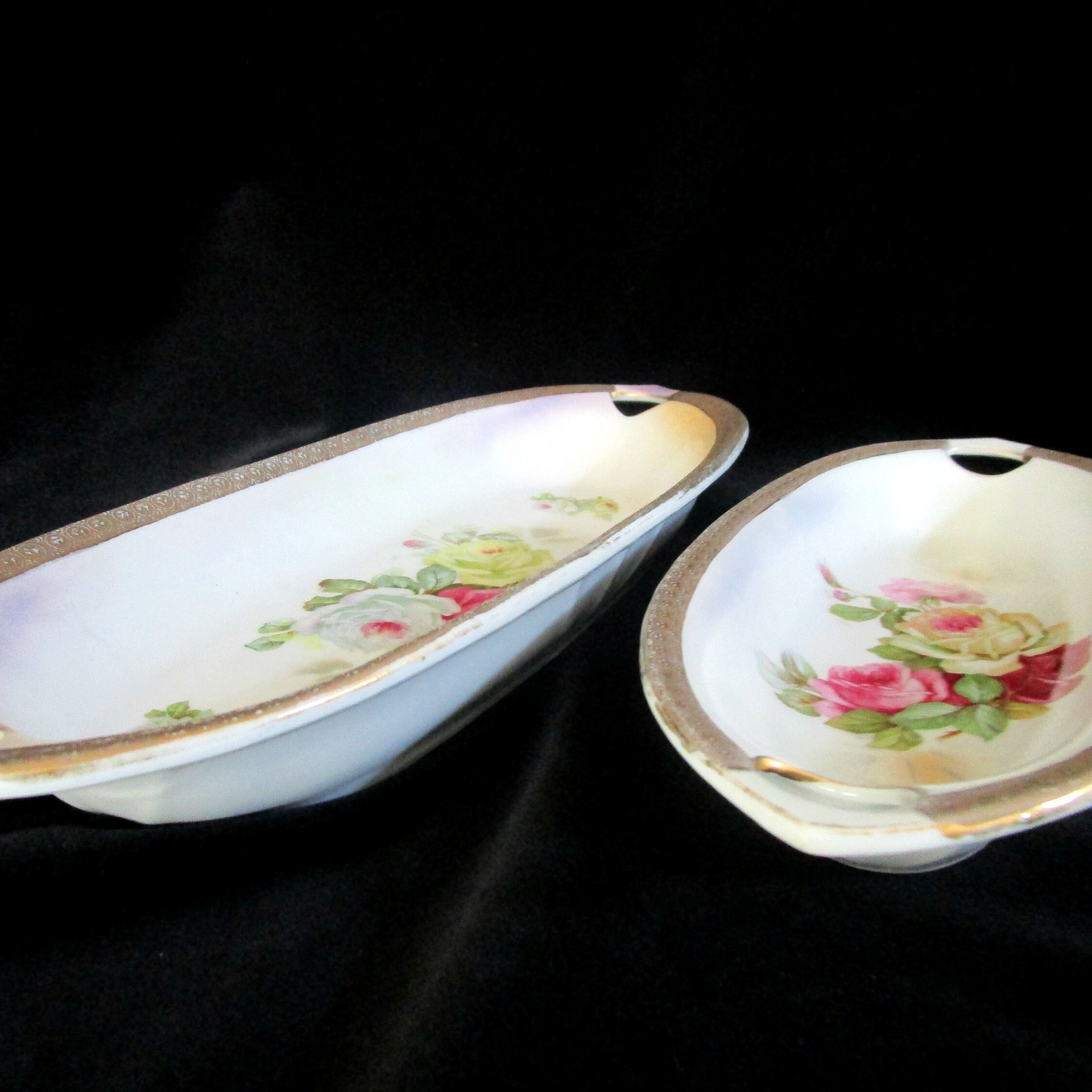 Antique Celery Boats, Pair of Serving Bowls, KL Germany, Relish Dish, Vegetable Plates, Roses with Gold Trim, Made in Germany, Wedding Gift