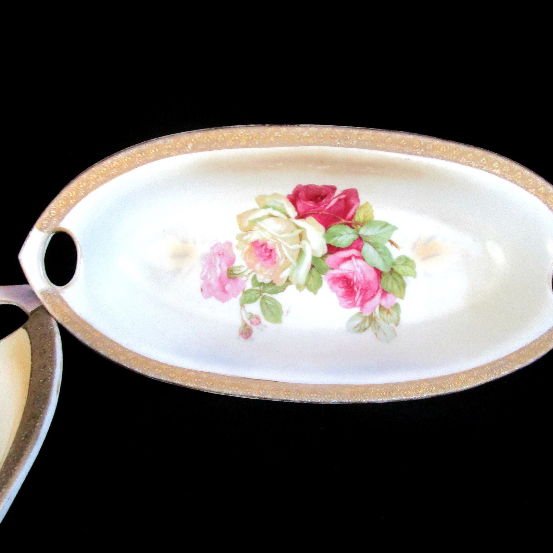 Antique Celery Boats, Pair of Serving Bowls, KL Germany, Relish Dish, Vegetable Plates, Roses with Gold Trim, Made in Germany, Wedding Gift
