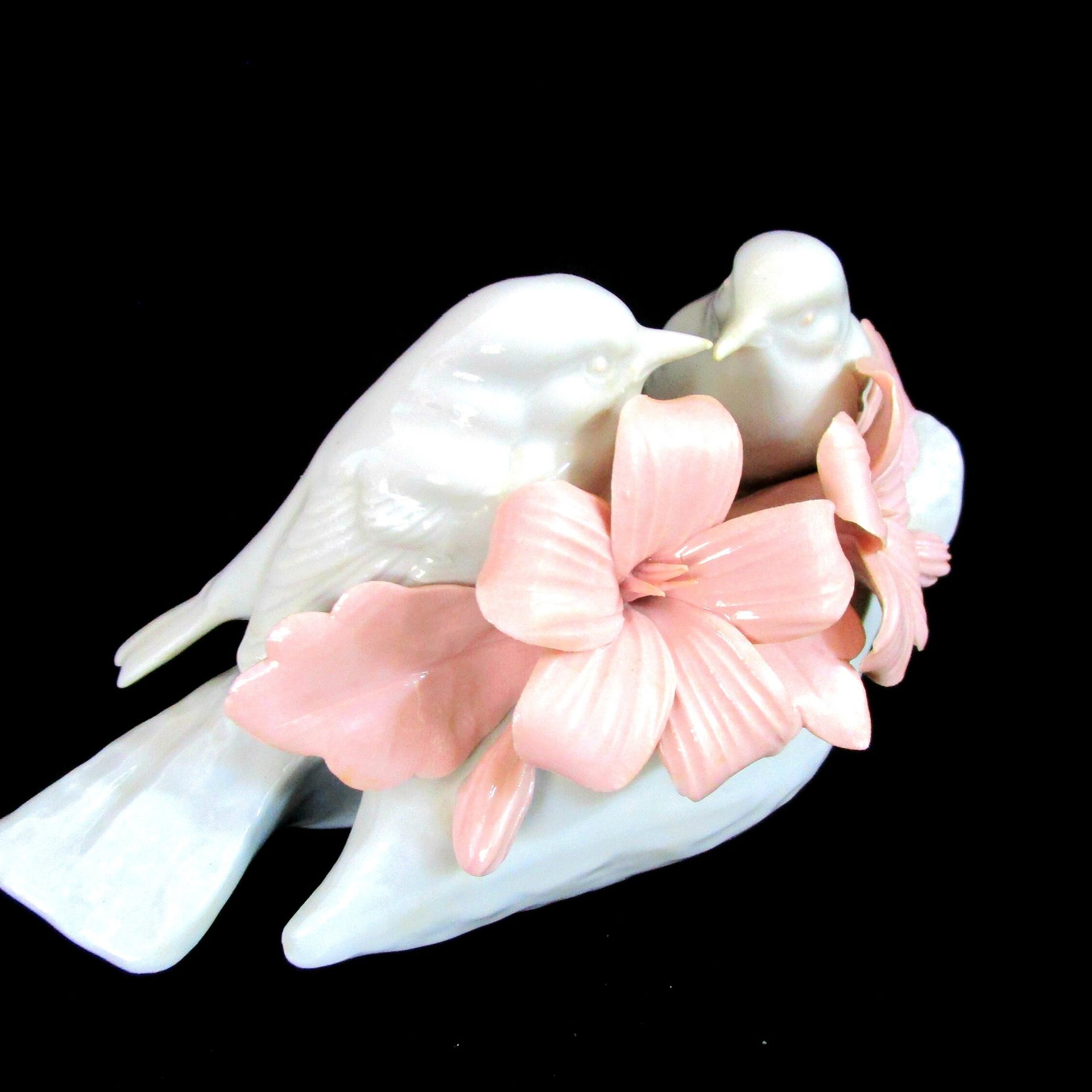 Capodimonte Birds with Pink Flowers, Fine Italian Porcelain, White Birds, Pink Hibiscus, Made in Italy, Gift for Bird Lover