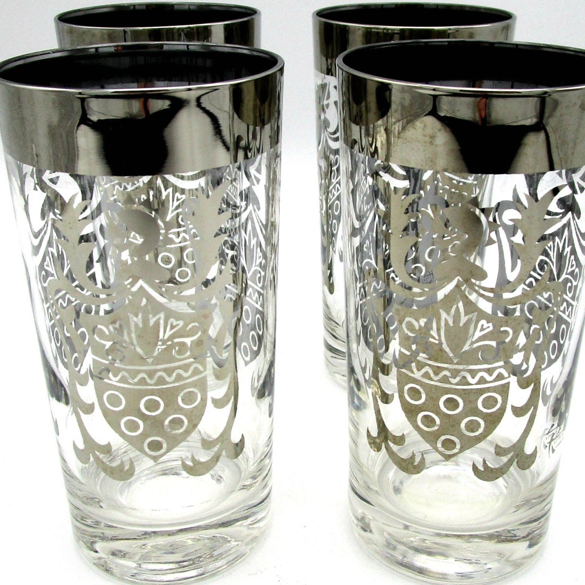 Vintage Barware, Kimiko Silver Crest, Mid Century, Silver Rimmed Highballs, Set of 4, Kimiko Guardian, Make Offer
