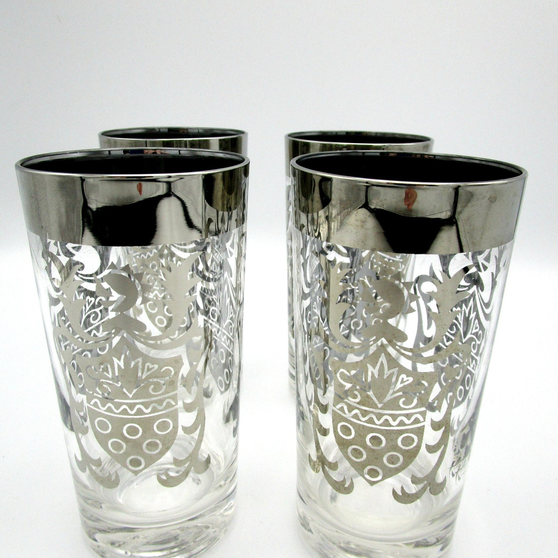 Vintage Barware, Kimiko Silver Crest, Mid Century, Silver Rimmed Highballs, Set of 4, Kimiko Guardian, Make Offer