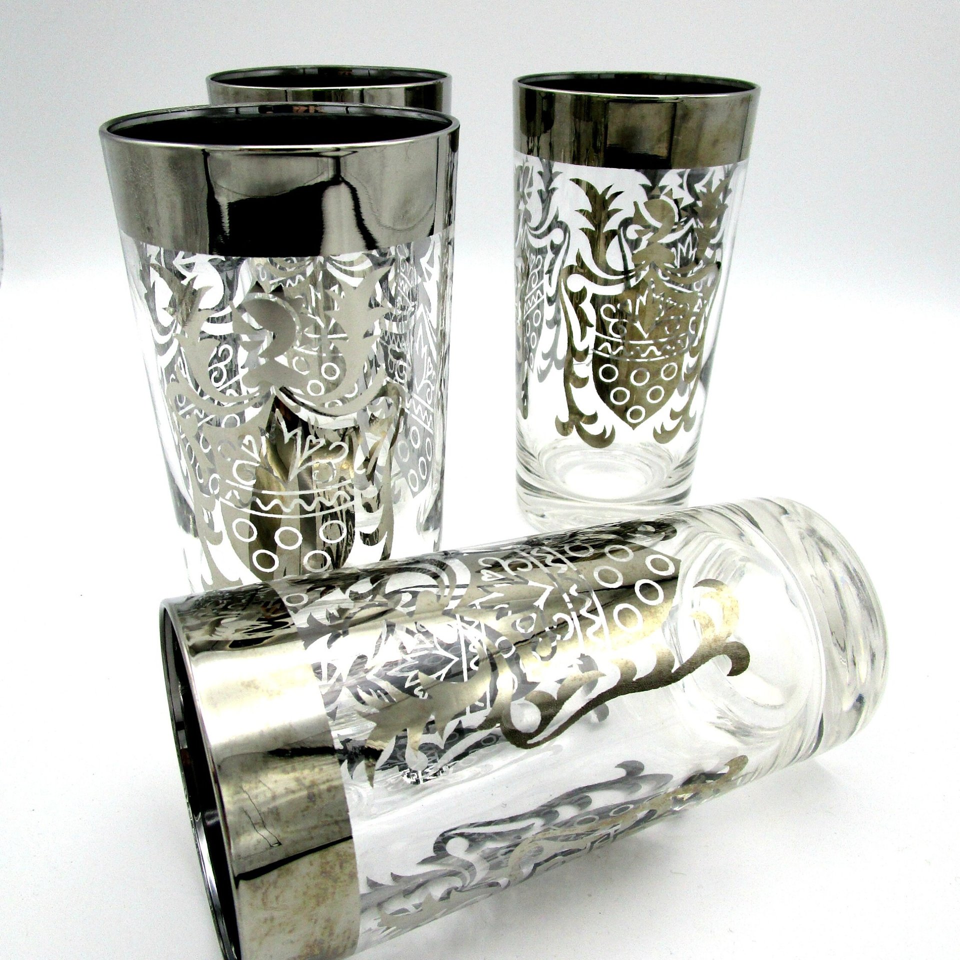 Vintage Barware, Kimiko Silver Crest, Mid Century, Silver Rimmed Highballs, Set of 4, Kimiko Guardian, Make Offer