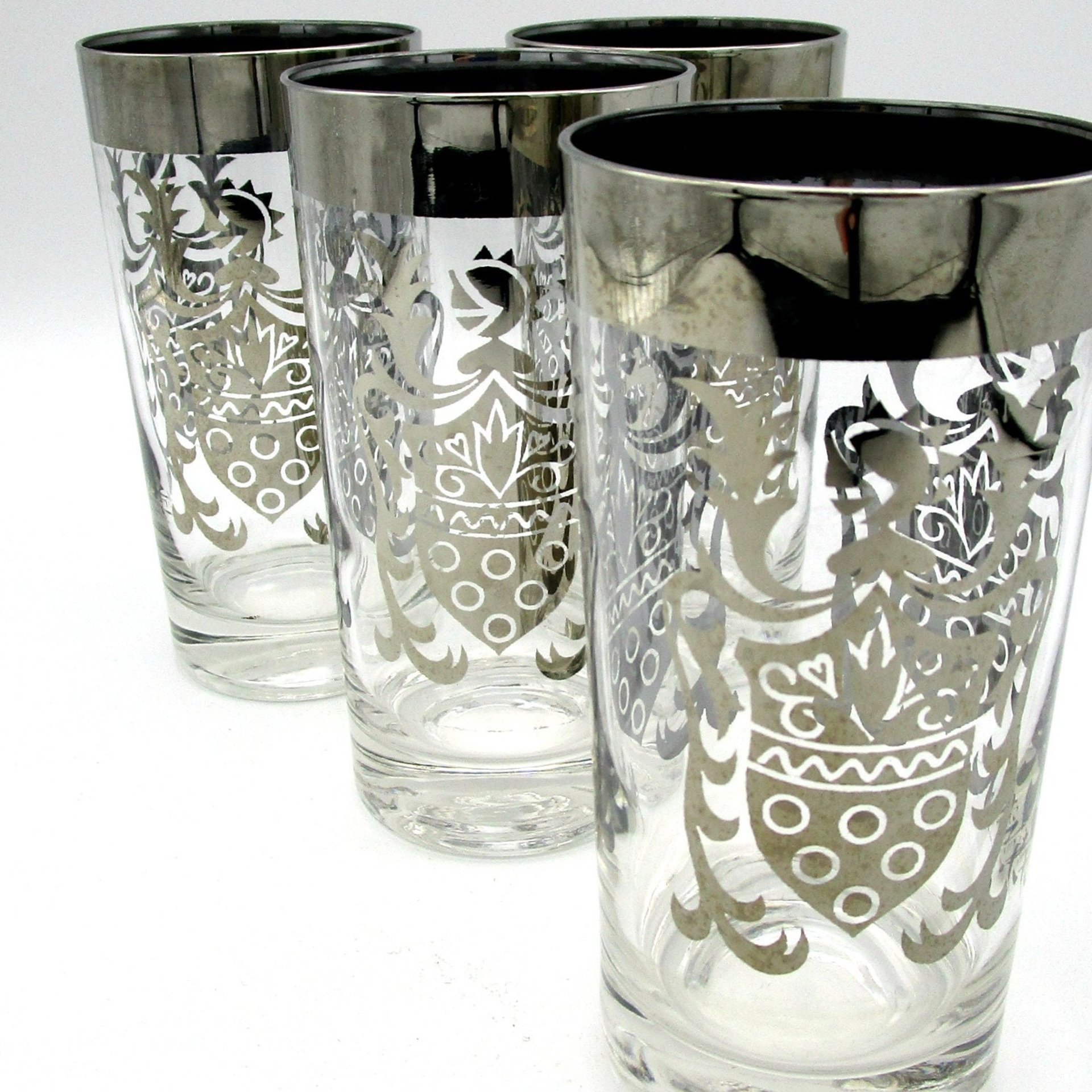 Vintage Barware, Kimiko Silver Crest, Mid Century, Silver Rimmed Highballs, Set of 4, Kimiko Guardian, Make Offer