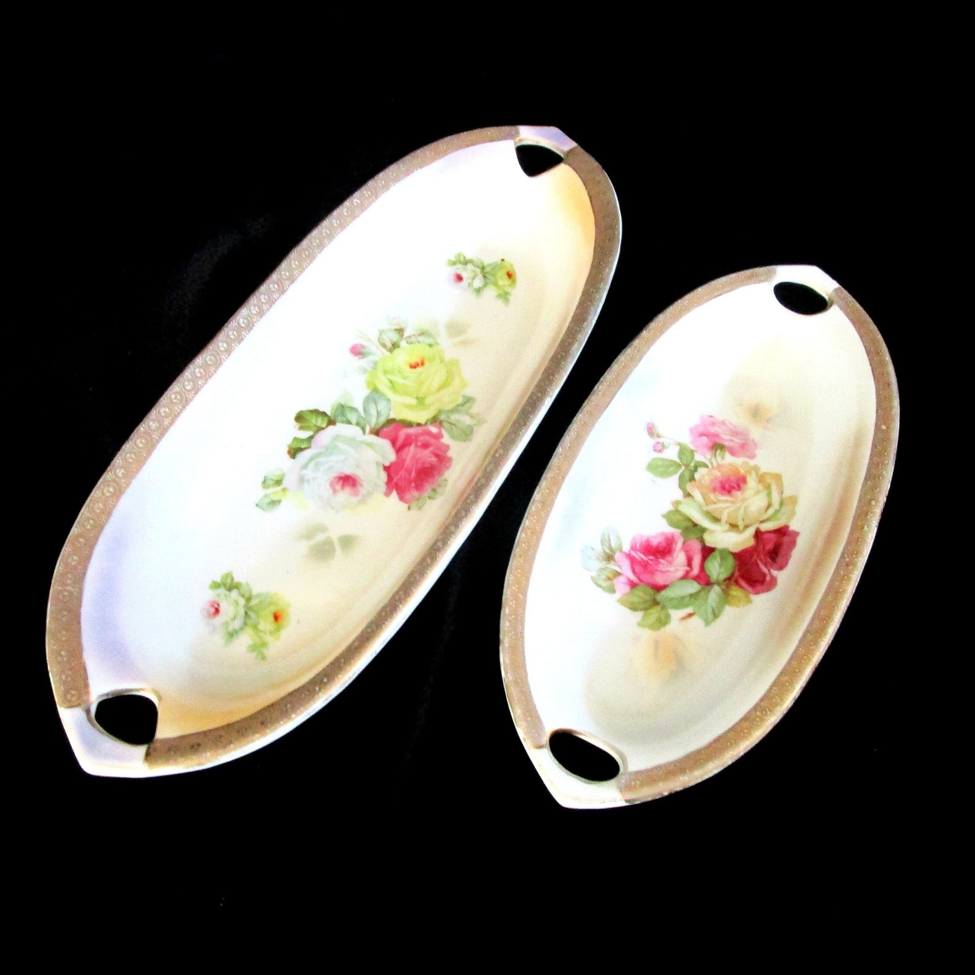 Antique Celery Boats, Pair of Serving Bowls, KL Germany, Relish Dish, Vegetable Plates, Roses with Gold Trim, Made in Germany, Wedding Gift