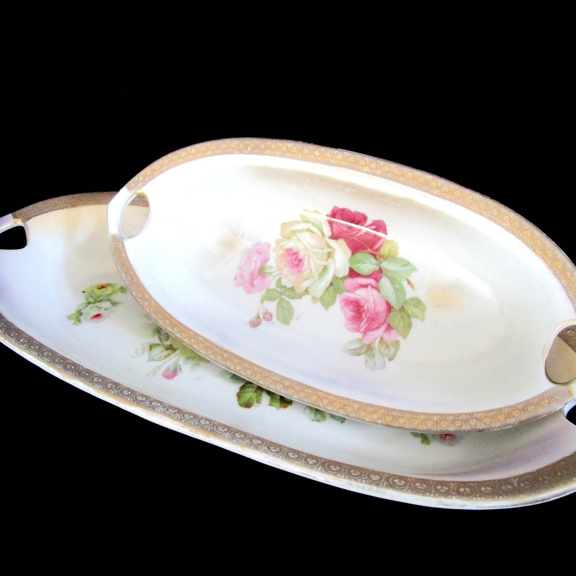 Antique Celery Boats, Pair of Serving Bowls, KL Germany, Relish Dish, Vegetable Plates, Roses with Gold Trim, Made in Germany, Wedding Gift