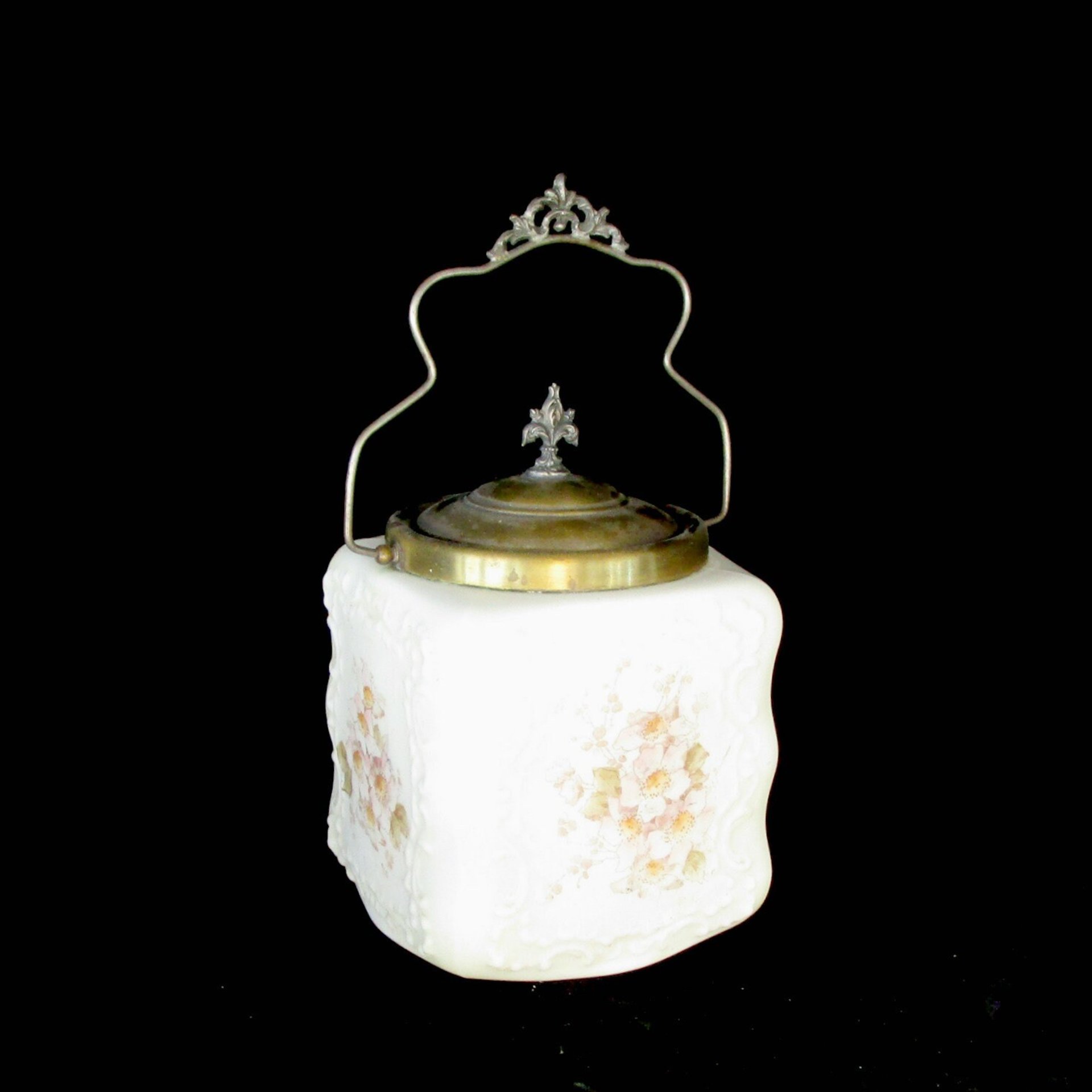 Wave Crest, Biscuit Jar, Porcelain Cracker Jar, Creamy White, Hand Painted Florals, Metal Lid and Ornate Handle