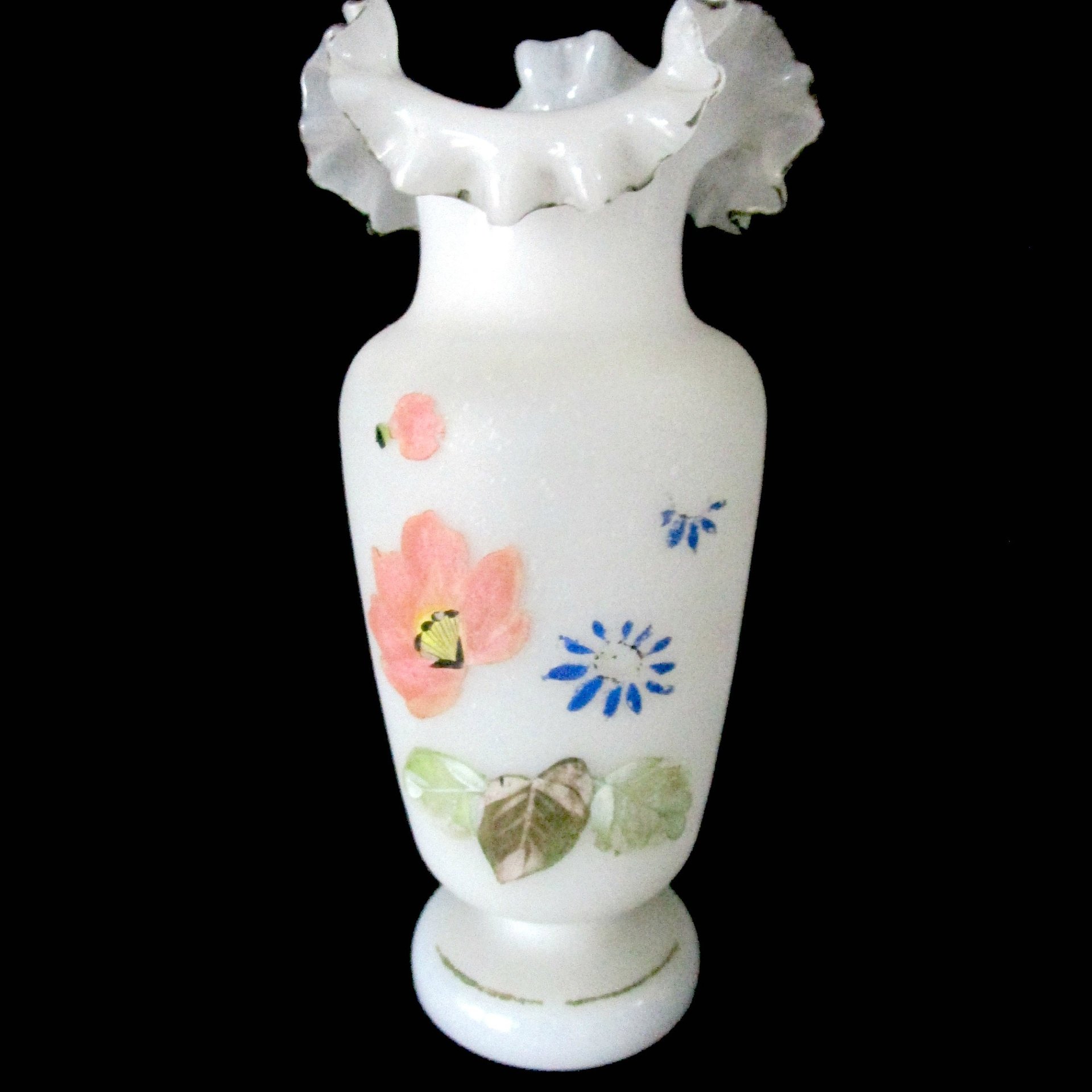 Antique Victorian Vase, Bristol Opaline, Ruffled Lip, Double Crimp, Hand Painted, Victorian Decor, 1920s