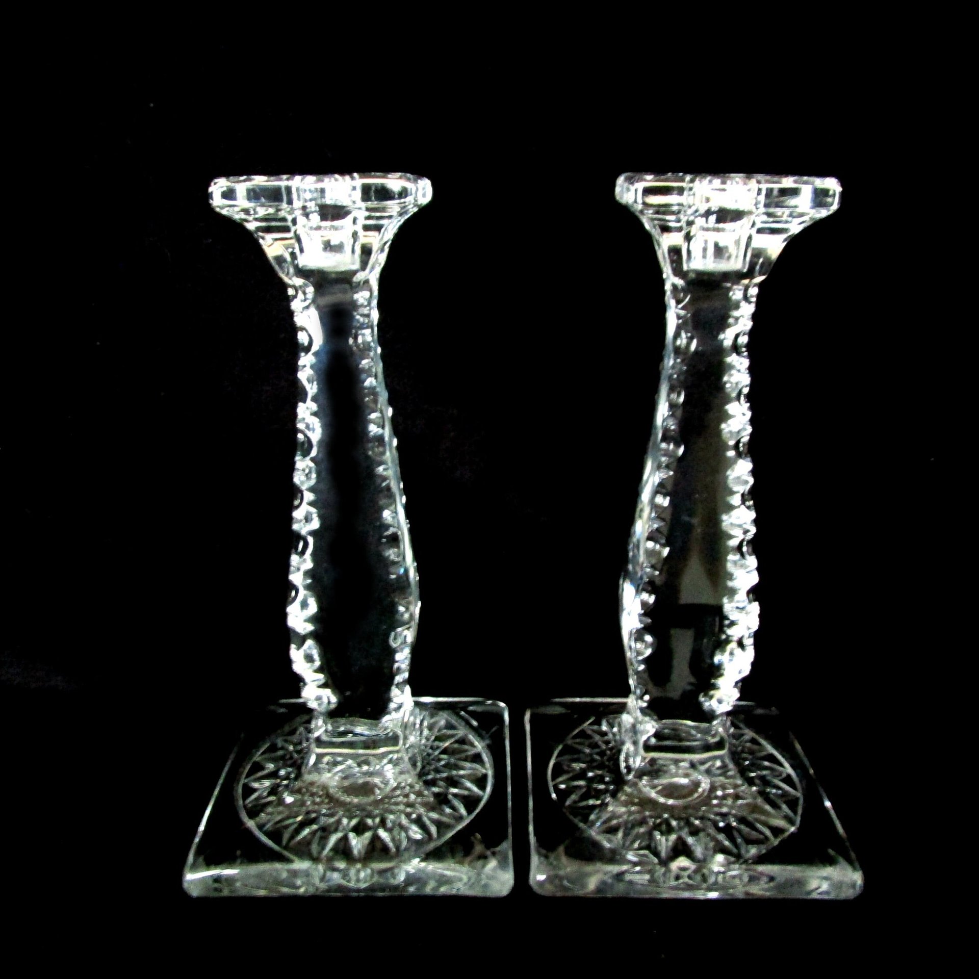 Crystal Candleholders, Large and Heavy Candle Holders, Notched Edges, Table Centerpiece, Set of 2