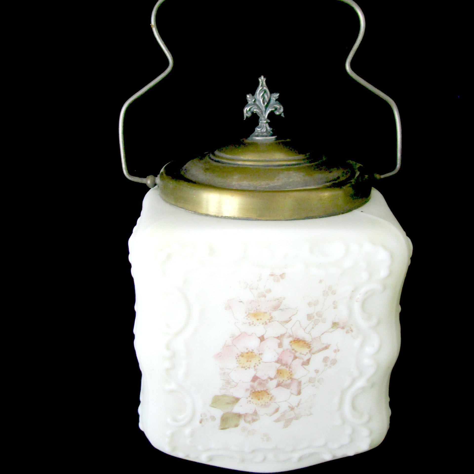 Wave Crest, Biscuit Jar, Porcelain Cracker Jar, Creamy White, Hand Painted Florals, Metal Lid and Ornate Handle