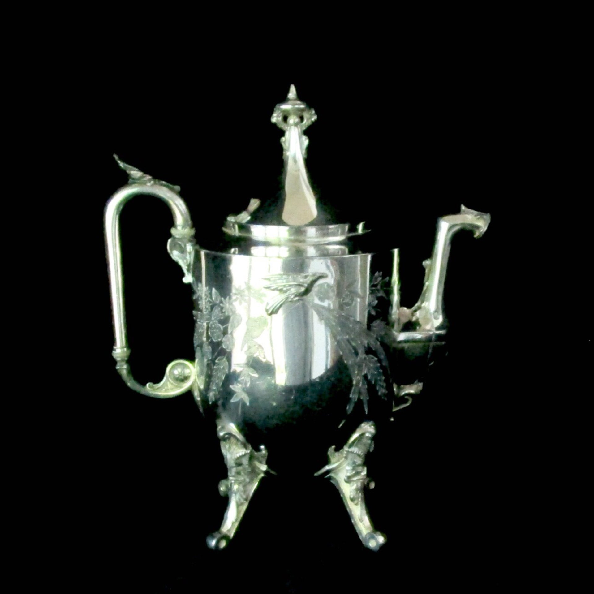 Antique Silver Plate Teapot, Reed Barton, 2076, Applied Bird, Etched Florals, Ornate Tea Pot, 1870s