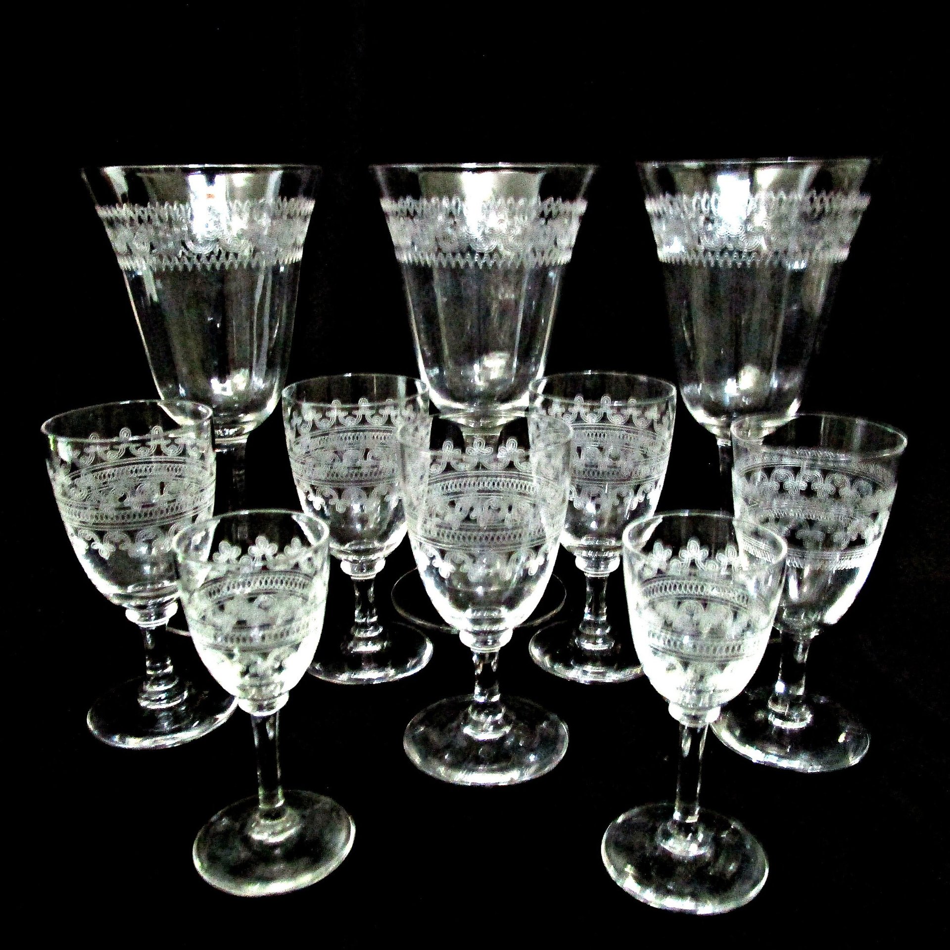 Bryce Crystal Stemware, Etched Barware, Wine Glasses, Water Goblets, Cordials and Liquors, Etch 327,  Total 10 Pieces,  Excellent Condition