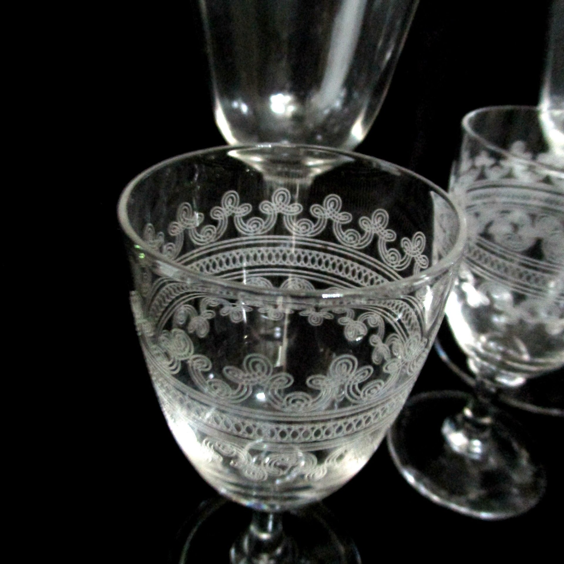 Bryce Crystal Stemware, Etched Barware, Wine Glasses, Water Goblets, Cordials and Liquors, Etch 327,  Total 10 Pieces,  Excellent Condition