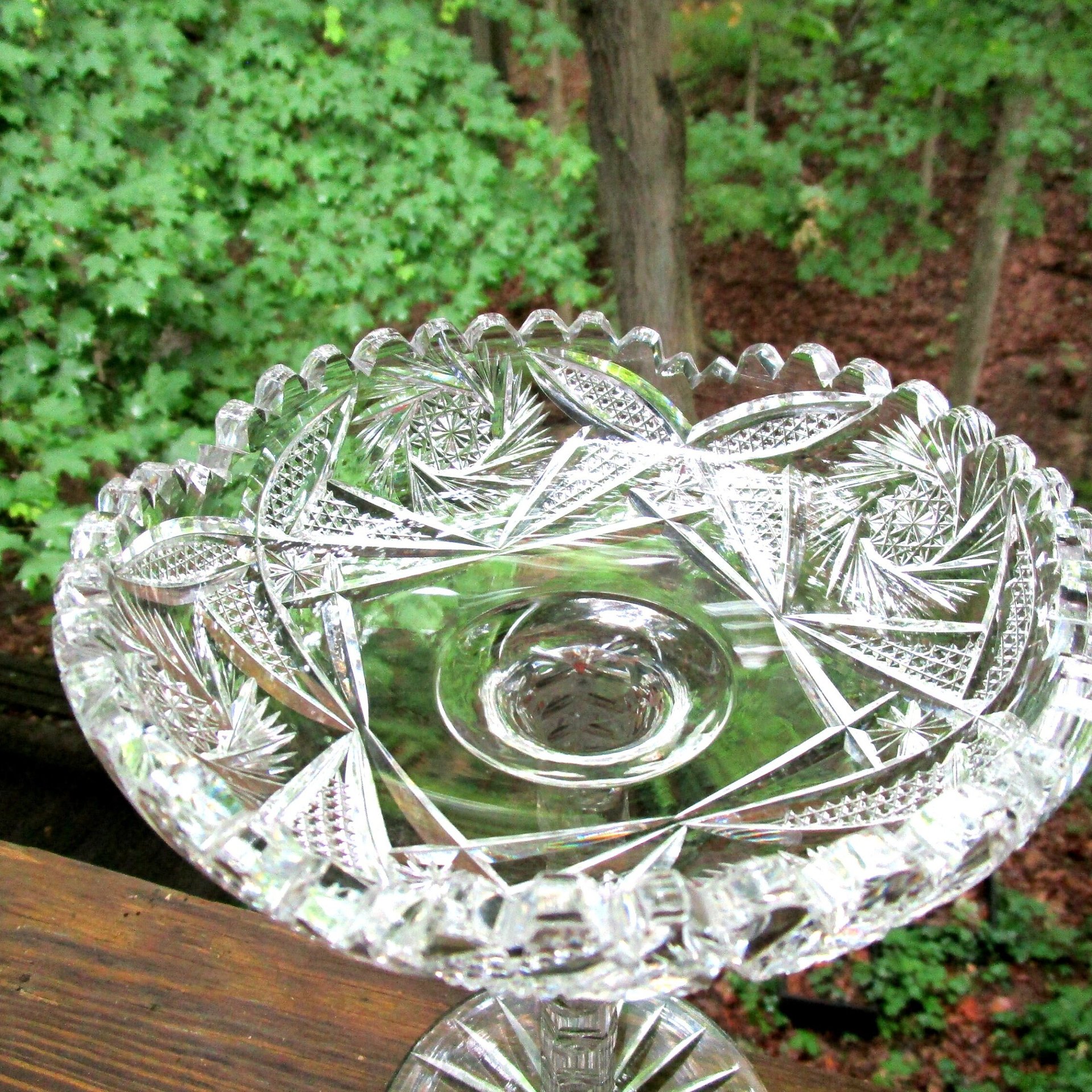 Antique Cut Crystal Compote, Tall, Long Stemmed Compote, Brilliant Cut, Sawtooth Edges, Starburst Base, Excellent Condition, Wedding Gift