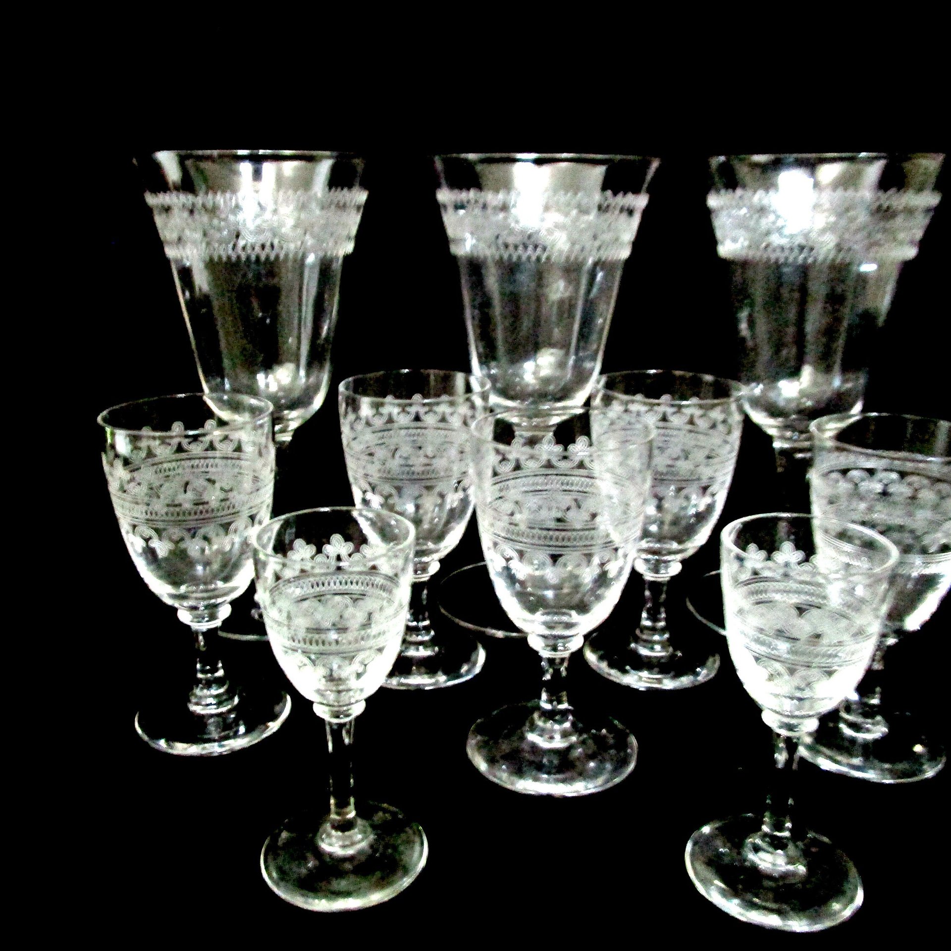 Bryce Crystal Stemware, Etched Barware, Wine Glasses, Water Goblets, Cordials and Liquors, Etch 327,  Total 10 Pieces,  Excellent Condition