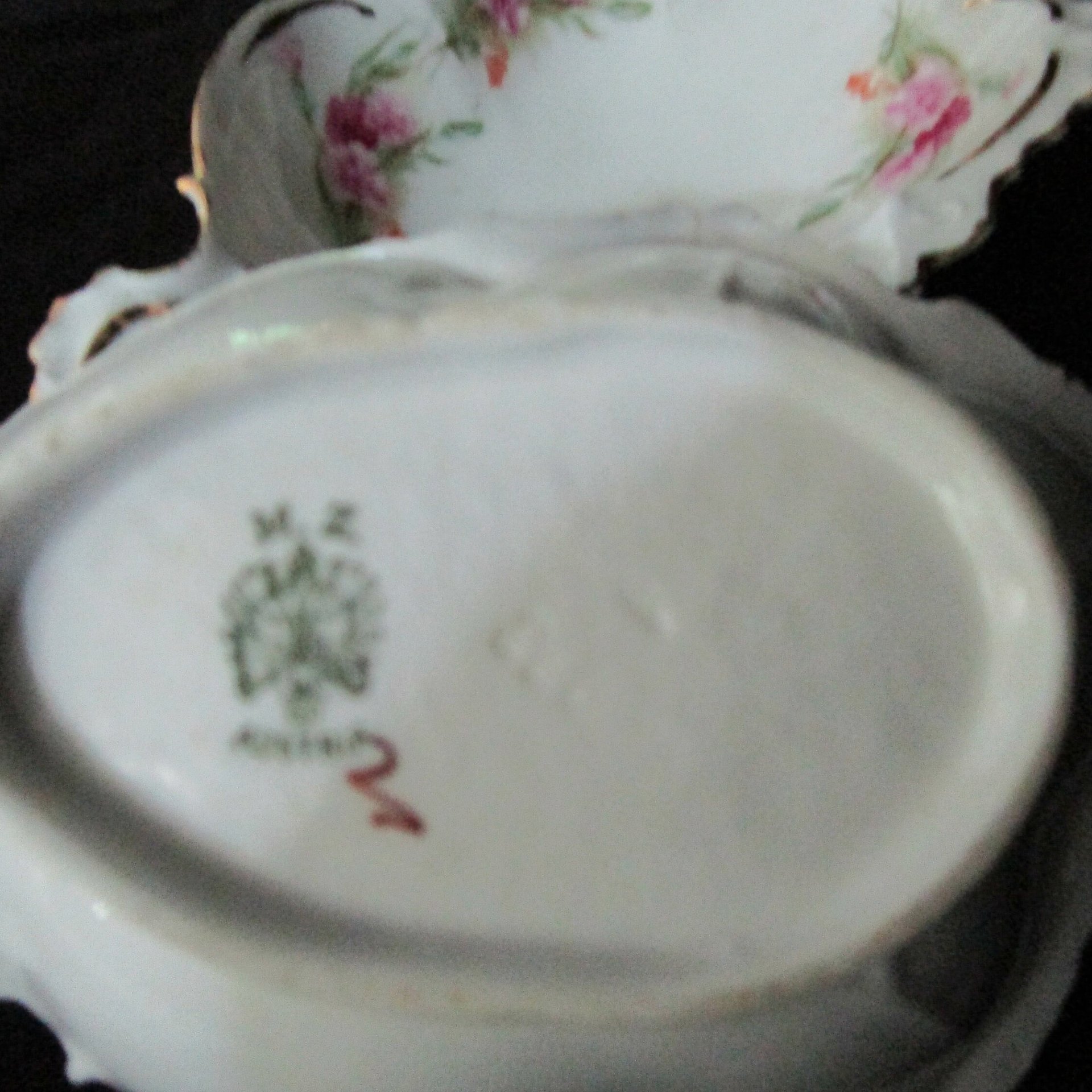 Antique Bone Dishes, Set of 2 Bone Plates, Soap Dish, Jewelry Dish, Deeply Scalloped, Heavy Relief, Pink Roses, Made in Austria, MZ Austria