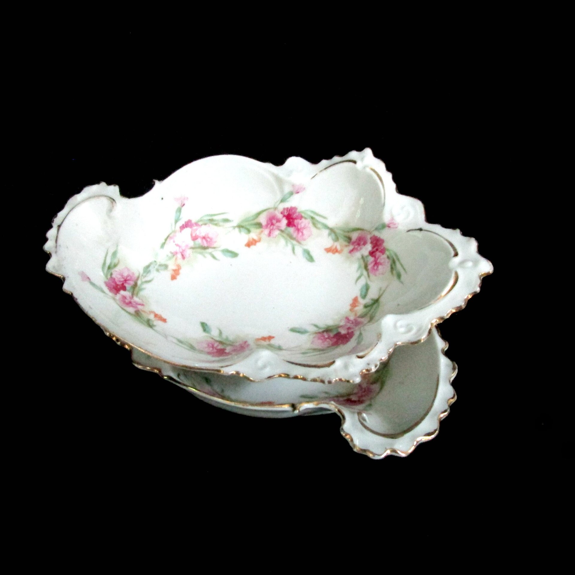 Antique Bone Dishes, Set of 2 Bone Plates, Soap Dish, Jewelry Dish, Deeply Scalloped, Heavy Relief, Pink Roses, Made in Austria, MZ Austria