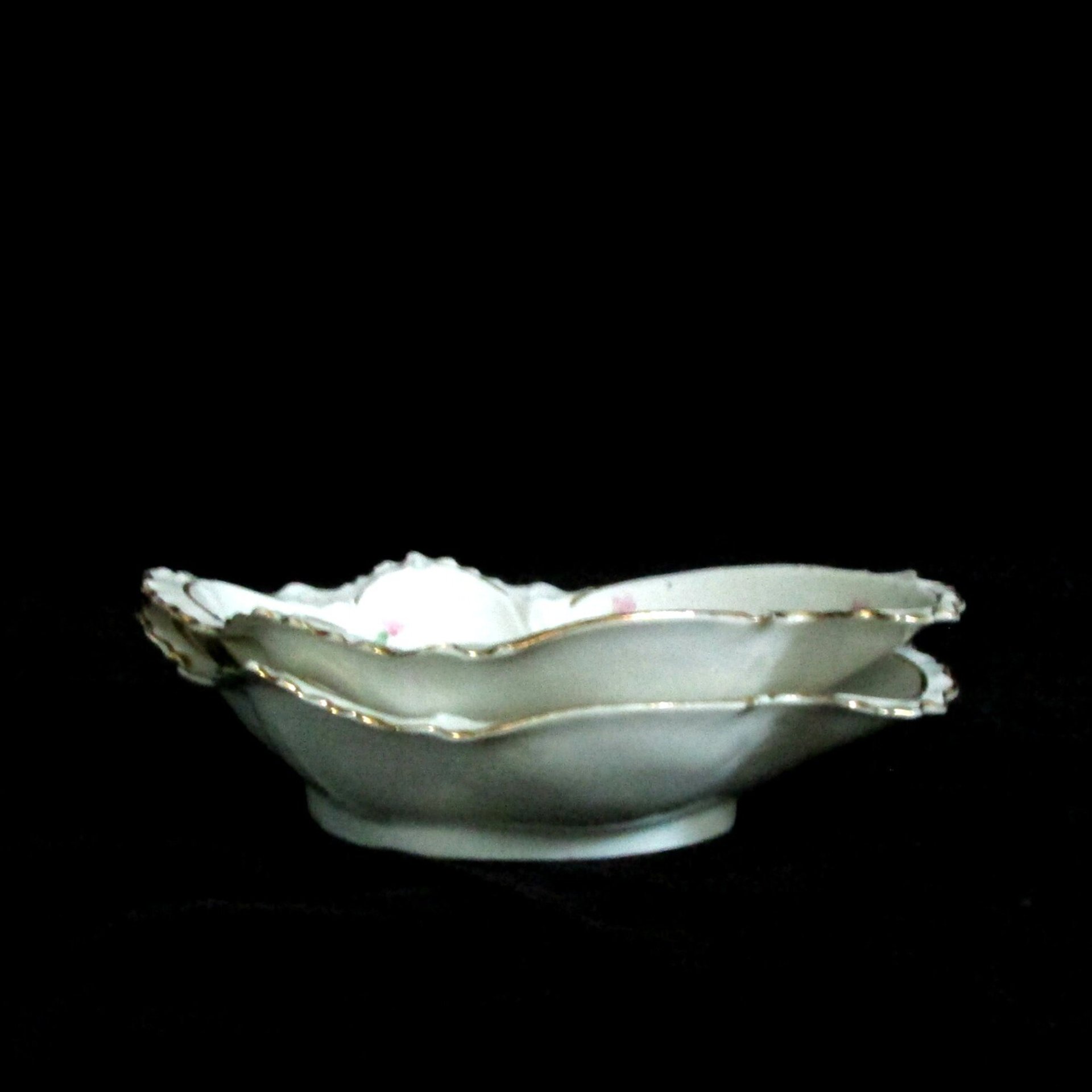 Antique Bone Dishes, Set of 2 Bone Plates, Soap Dish, Jewelry Dish, Deeply Scalloped, Heavy Relief, Pink Roses, Made in Austria, MZ Austria