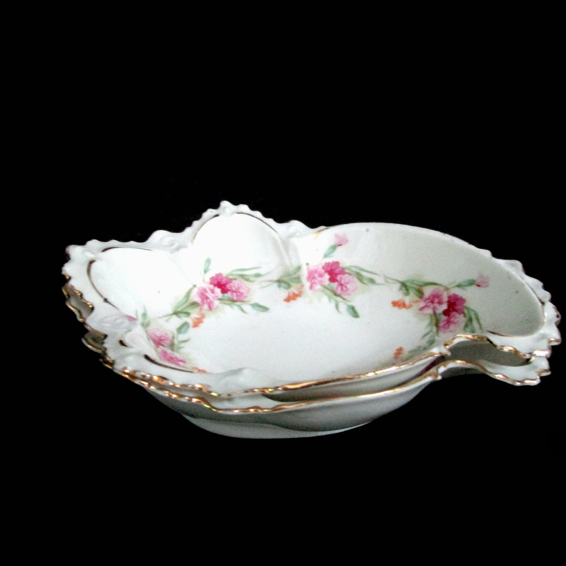 Antique Bone Dishes, Set of 2 Bone Plates, Soap Dish, Jewelry Dish, Deeply Scalloped, Heavy Relief, Pink Roses, Made in Austria, MZ Austria