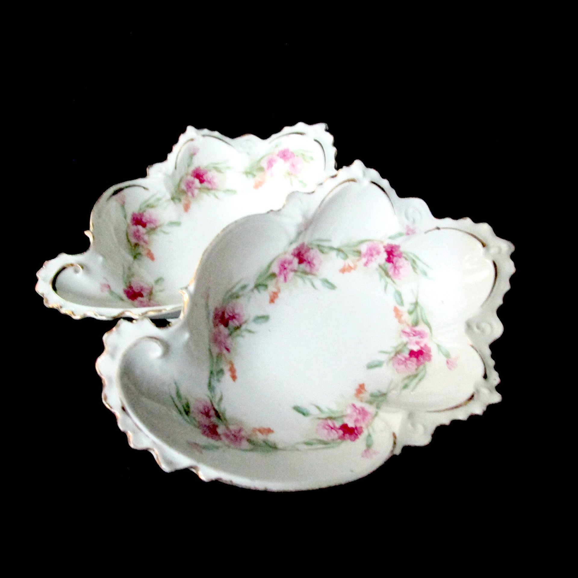 Antique Bone Dishes, Set of 2 Bone Plates, Soap Dish, Jewelry Dish, Deeply Scalloped, Heavy Relief, Pink Roses, Made in Austria, MZ Austria
