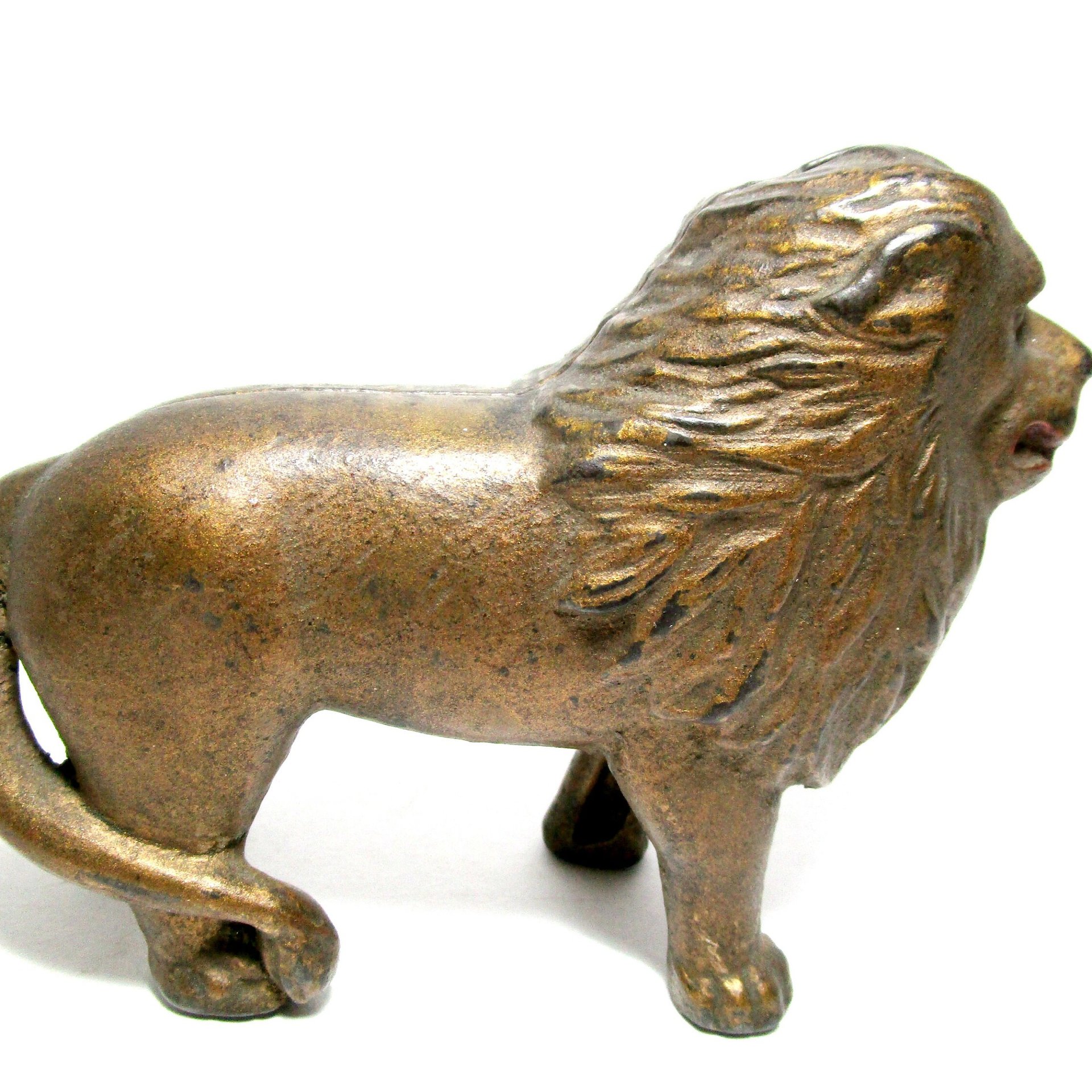 Cast Iron Lion Coin Bank, A. C. Williams , Tail Right, Gold Finish, Heavy Piggy Bank, 1920s