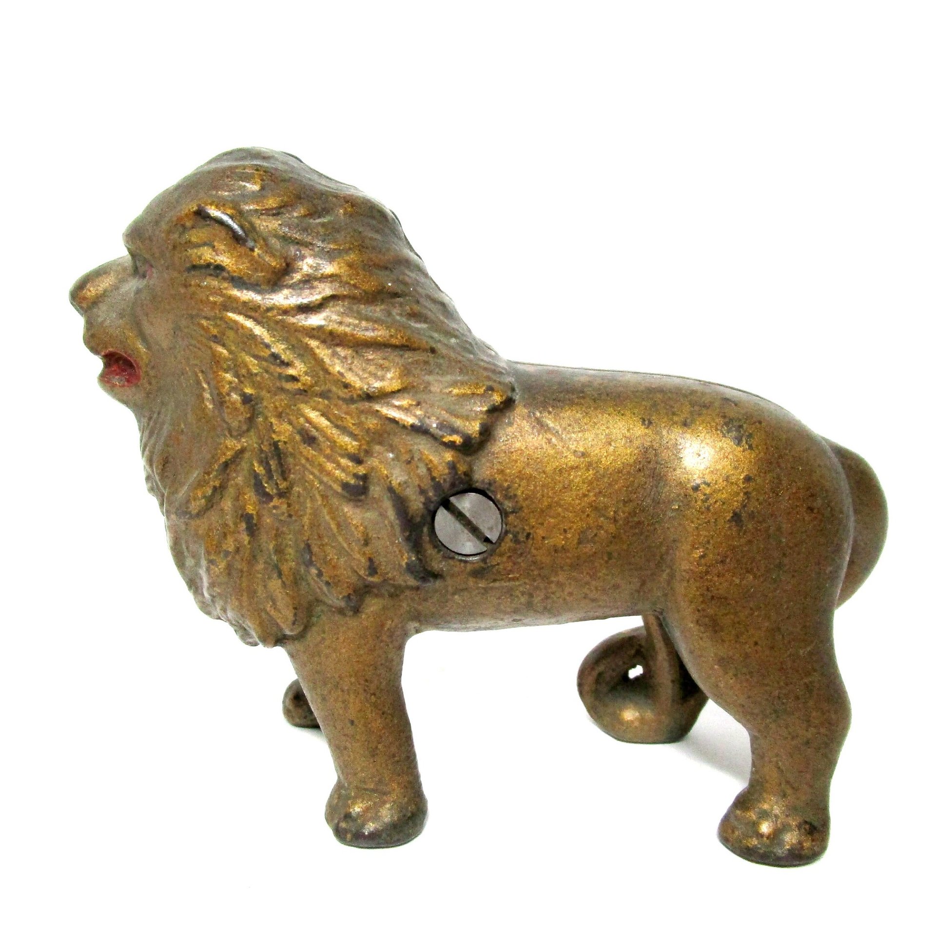 Cast Iron Lion Coin Bank, A. C. Williams , Tail Right, Gold Finish, Heavy Piggy Bank, 1920s