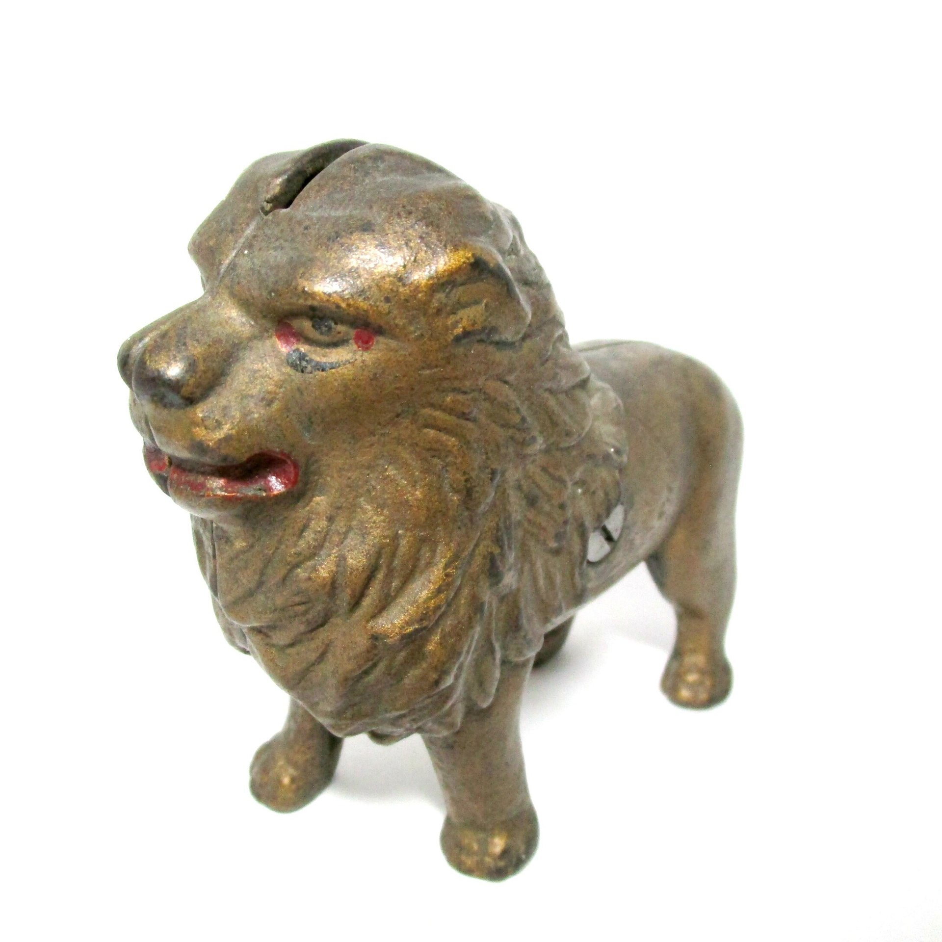 Cast Iron Lion Coin Bank, A. C. Williams , Tail Right, Gold Finish, Heavy Piggy Bank, 1920s