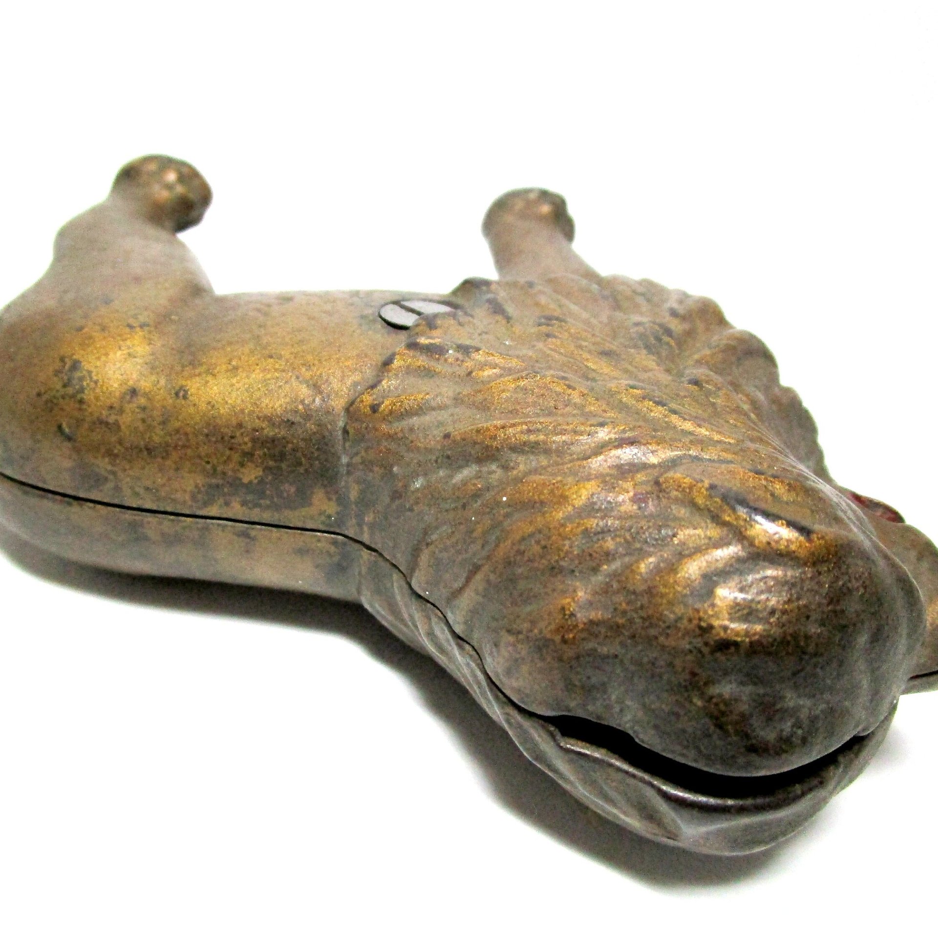 Cast Iron Lion Coin Bank, A. C. Williams , Tail Right, Gold Finish, Heavy Piggy Bank, 1920s