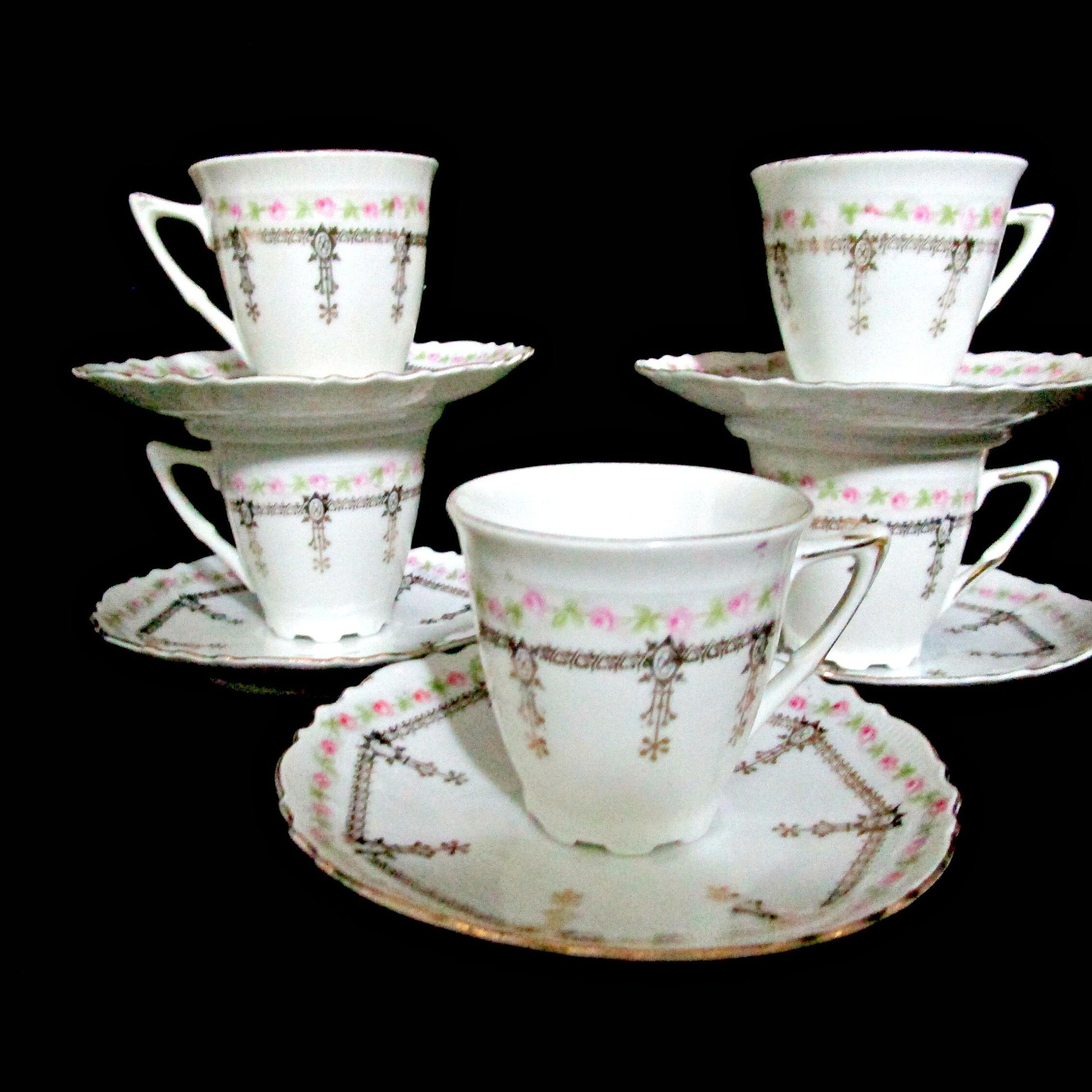 Antique Demitasse Set of 5, Cups and Saucers, Pink Florals, Gold Highlights, Made in Bavaria Germany, Wedding Gift