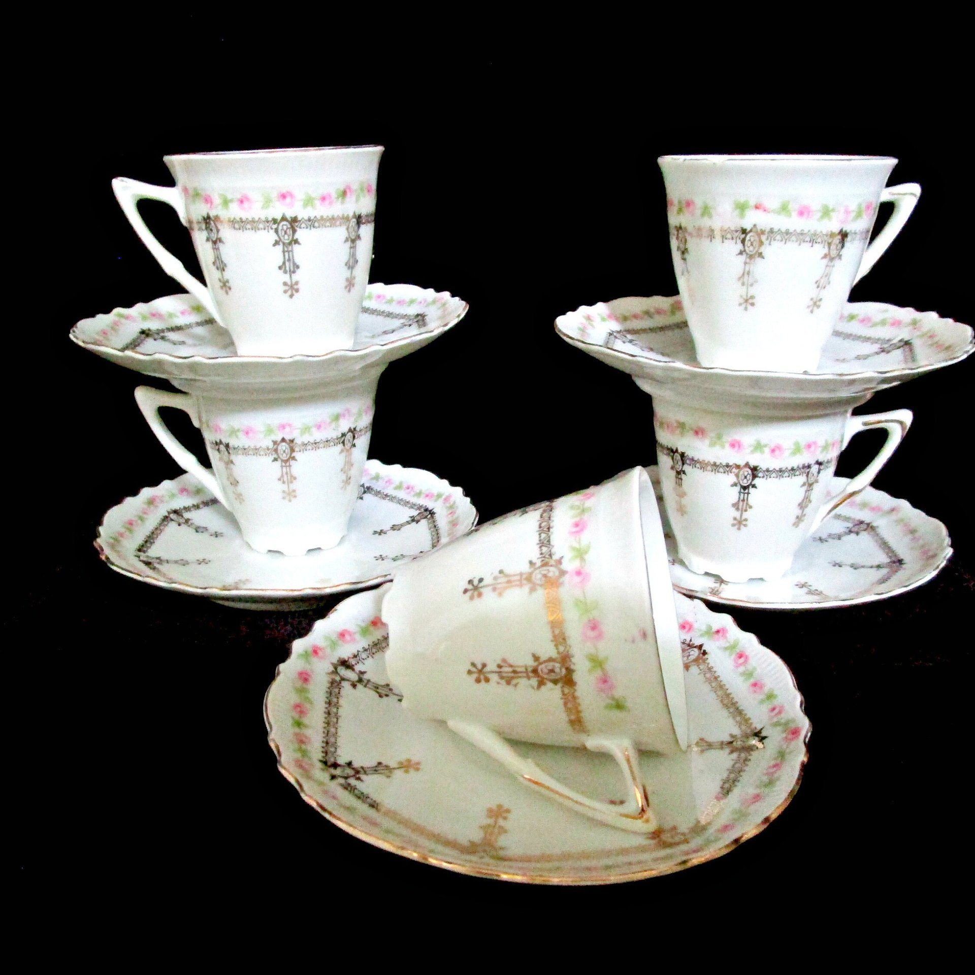 Antique Demitasse Set of 5, Cups and Saucers, Pink Florals, Gold Highlights, Made in Bavaria Germany, Wedding Gift