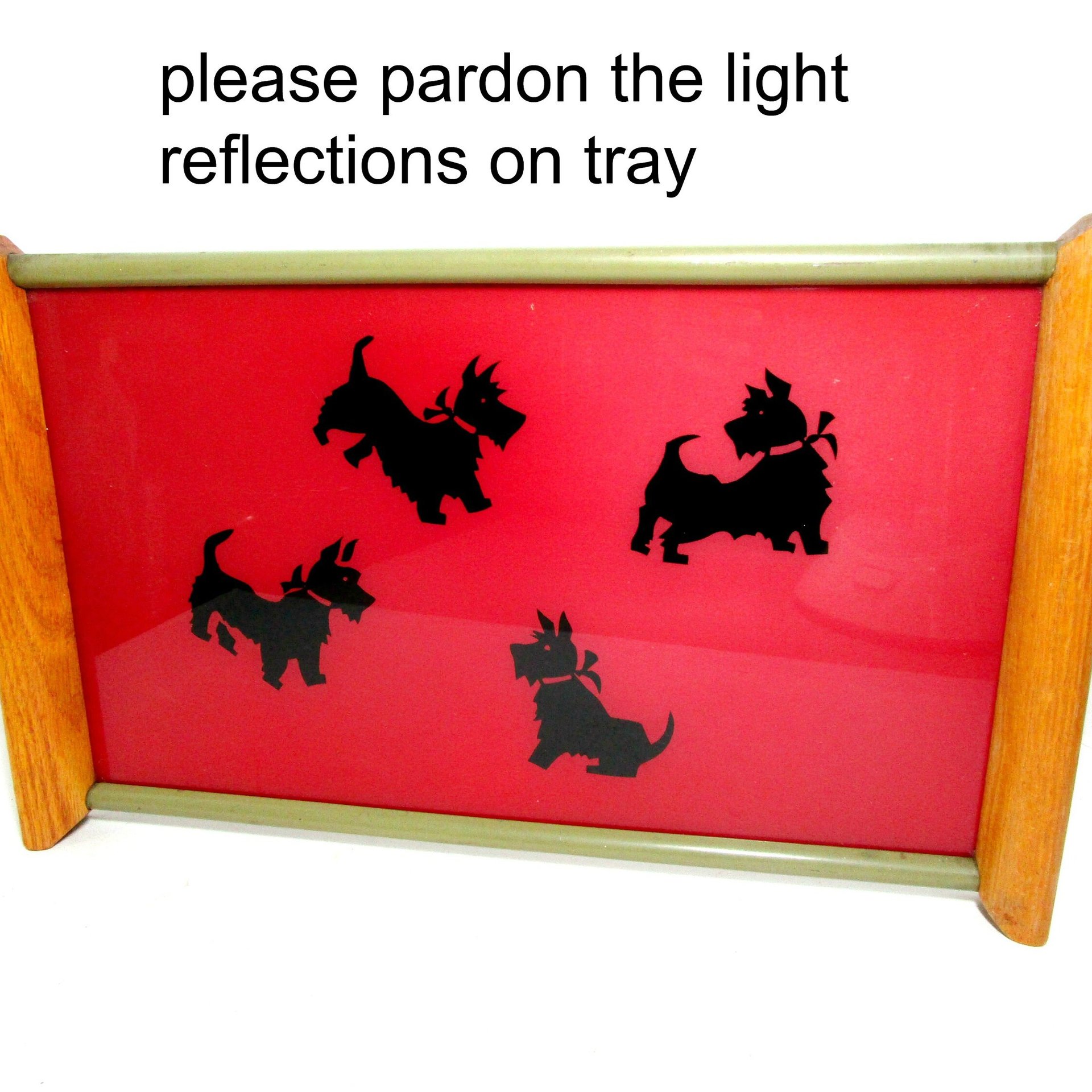 Mid Century Serving Tray, Black Scottish Terriers on Red Background, Wood Handles, Scottie Cocktail Tray, Large 18 inches by 11 Inches