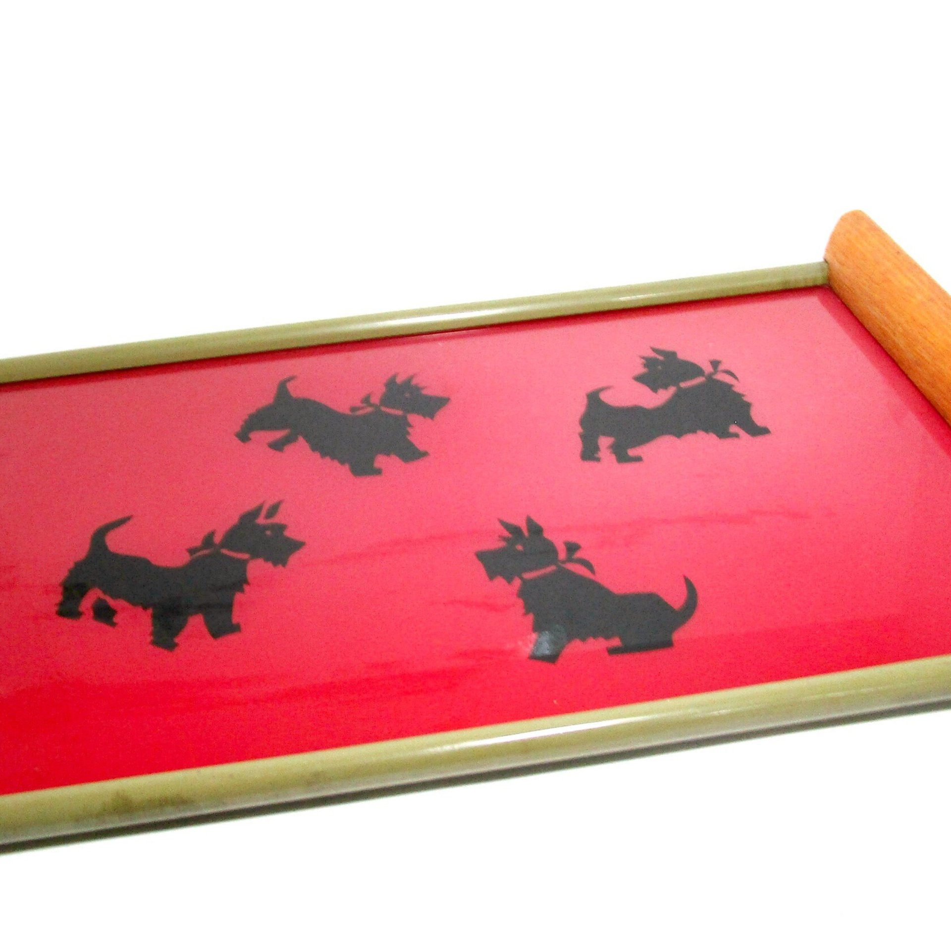 Mid Century Serving Tray, Black Scottish Terriers on Red Background, Wood Handles, Scottie Cocktail Tray, Large 18 inches by 11 Inches