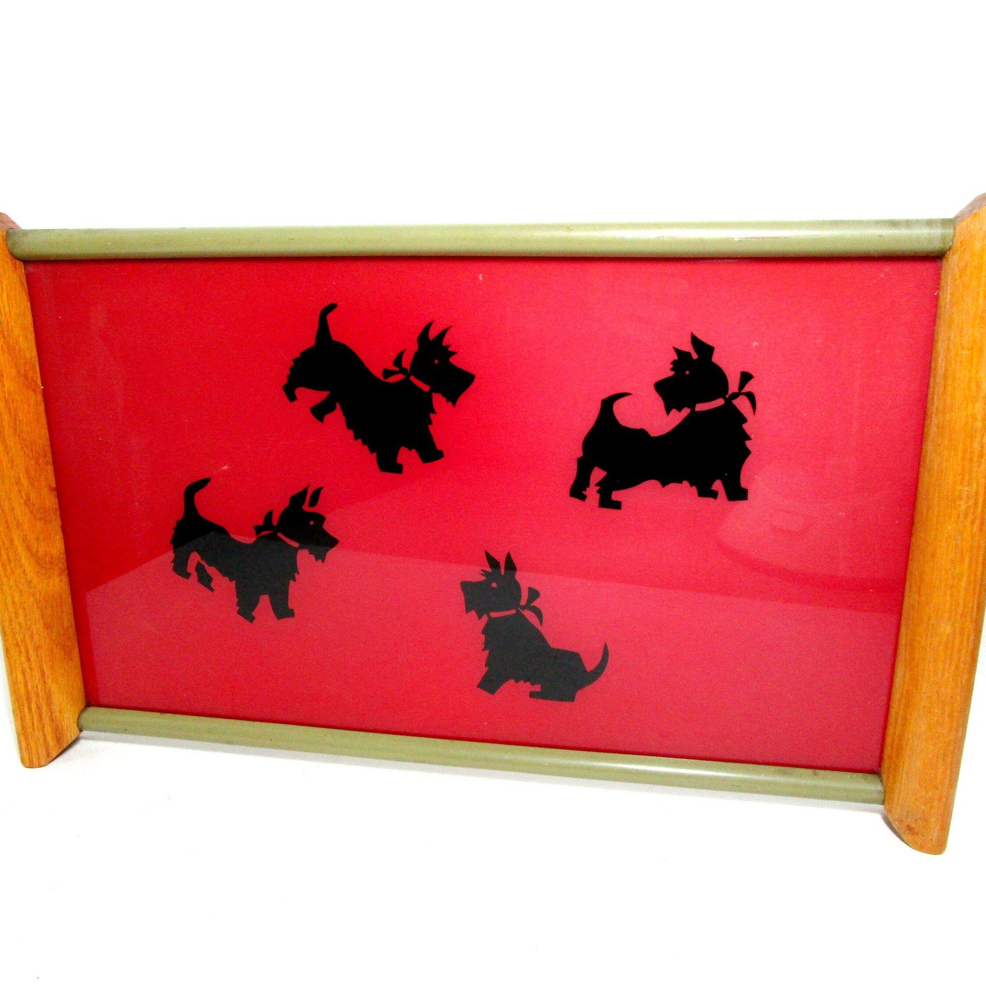 Mid Century Serving Tray, Black Scottish Terriers on Red Background, Wood Handles, Scottie Cocktail Tray, Large 18 inches by 11 Inches