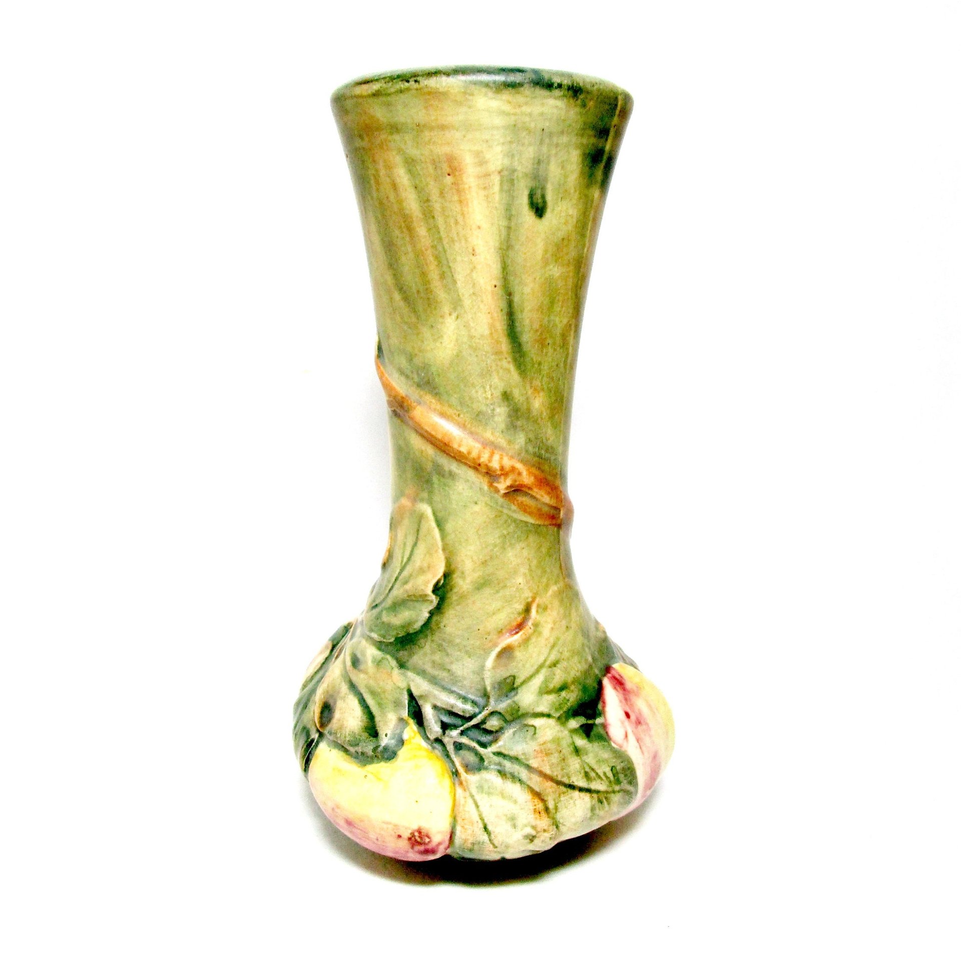 Weller Pottery Vase, Baldin Pattern, American Art Pottery, Vase with Apples and Leaves, 7 Inch