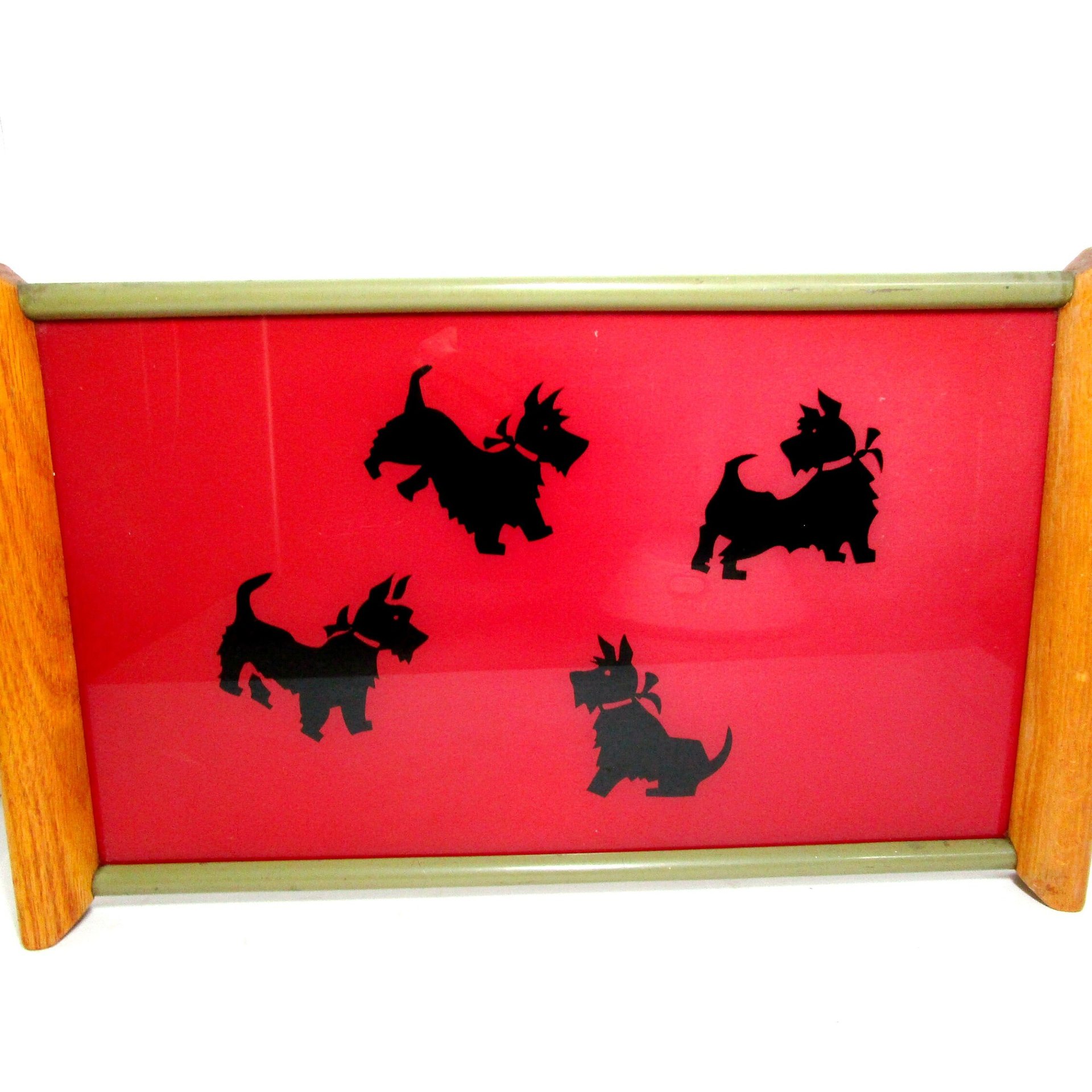 Mid Century Serving Tray, Black Scottish Terriers on Red Background, Wood Handles, Scottie Cocktail Tray, Large 18 inches by 11 Inches