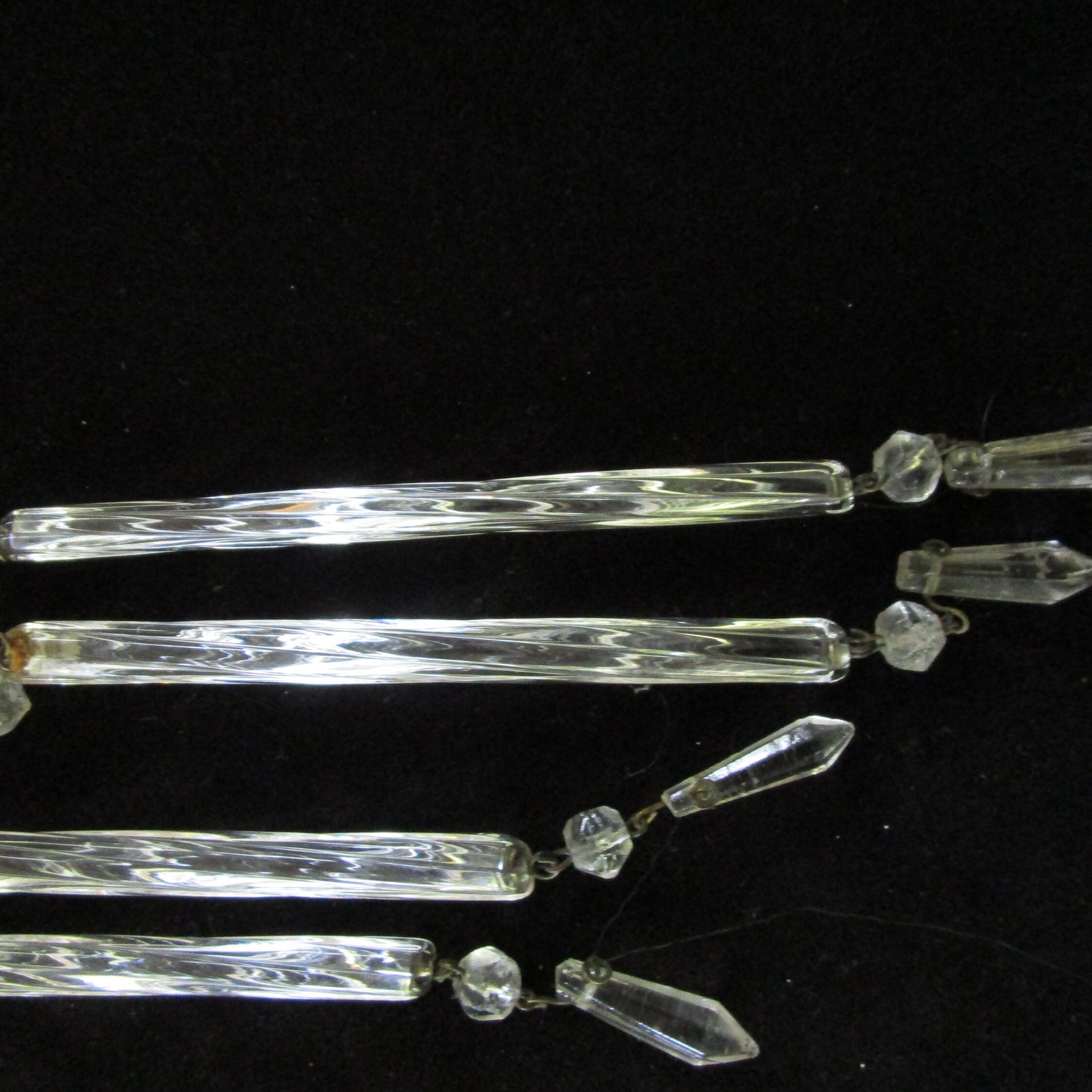 Crystal Prisms, Chandelier Salvage, Set of 6. Twisted Stick Shaped, with Teardrop, Long Crystal Prisms, 1960s