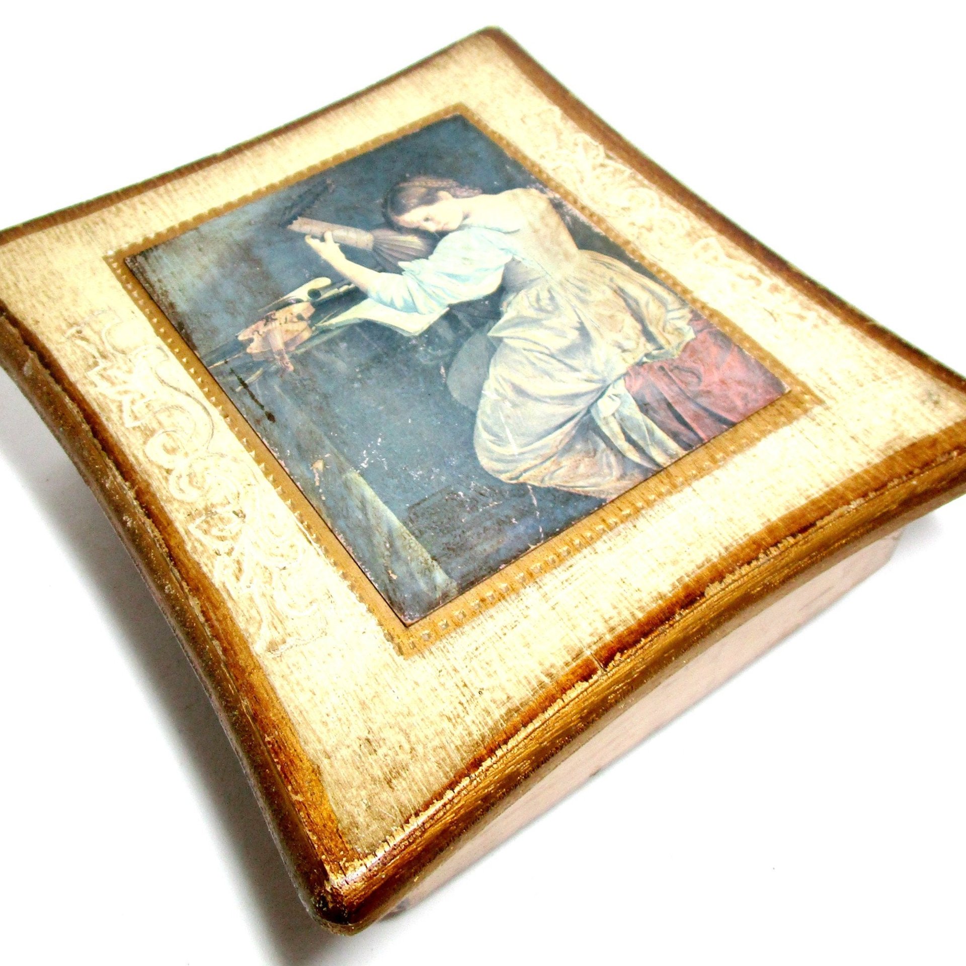 Florentine Music Box, Jewelry Storage, White with Gold Trims, Musicians, Red Interior, Theme to Love Story